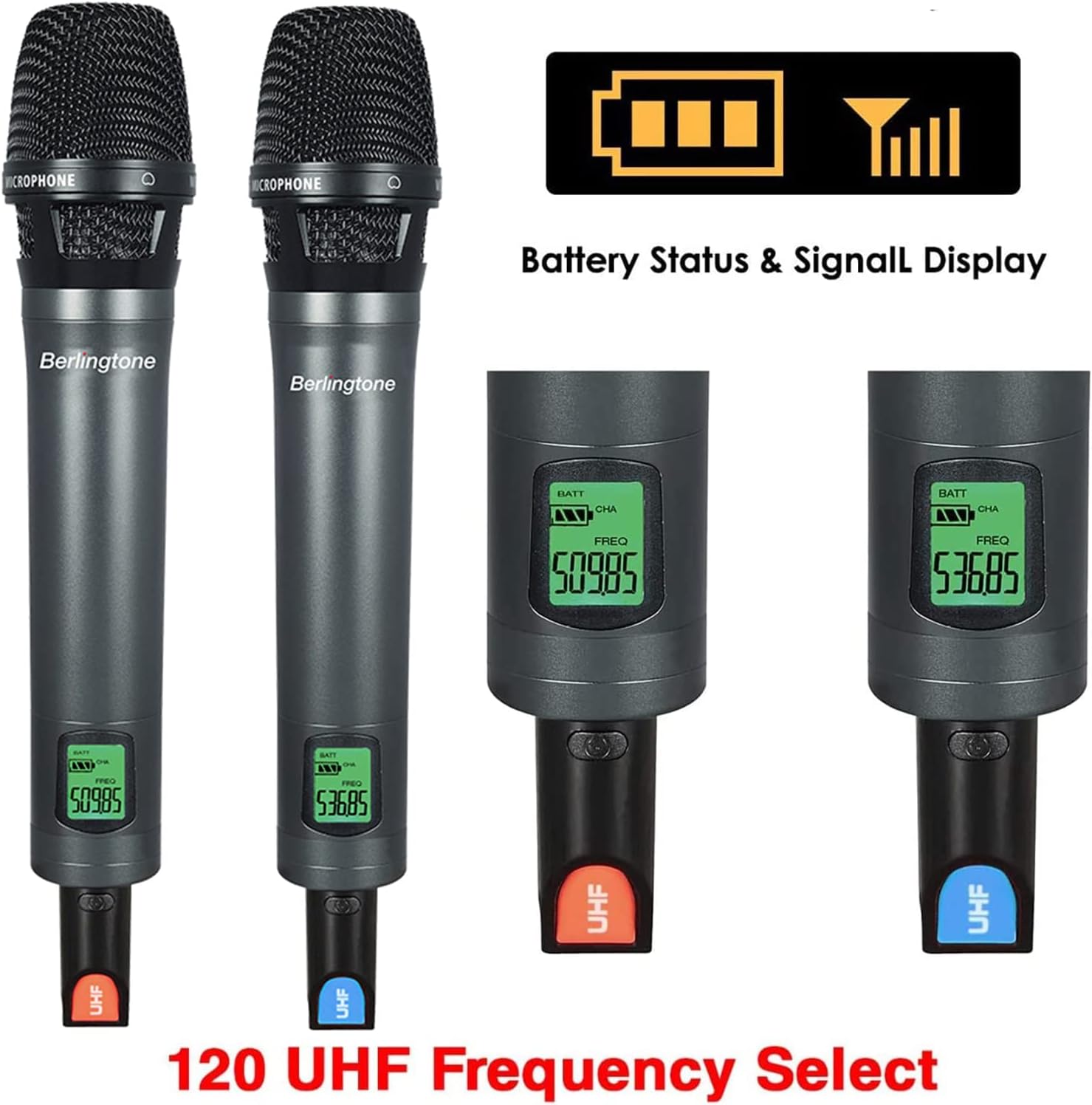 Berlingtone Wireless Microphone System, 2 Handheld Dynamic Microphones,120- Adjustable Frequency Channel, Metal case and mic for Karaoke, Meeting, Party, Church, DJ, Wedding, up 260ft Range (BR-56UM)
