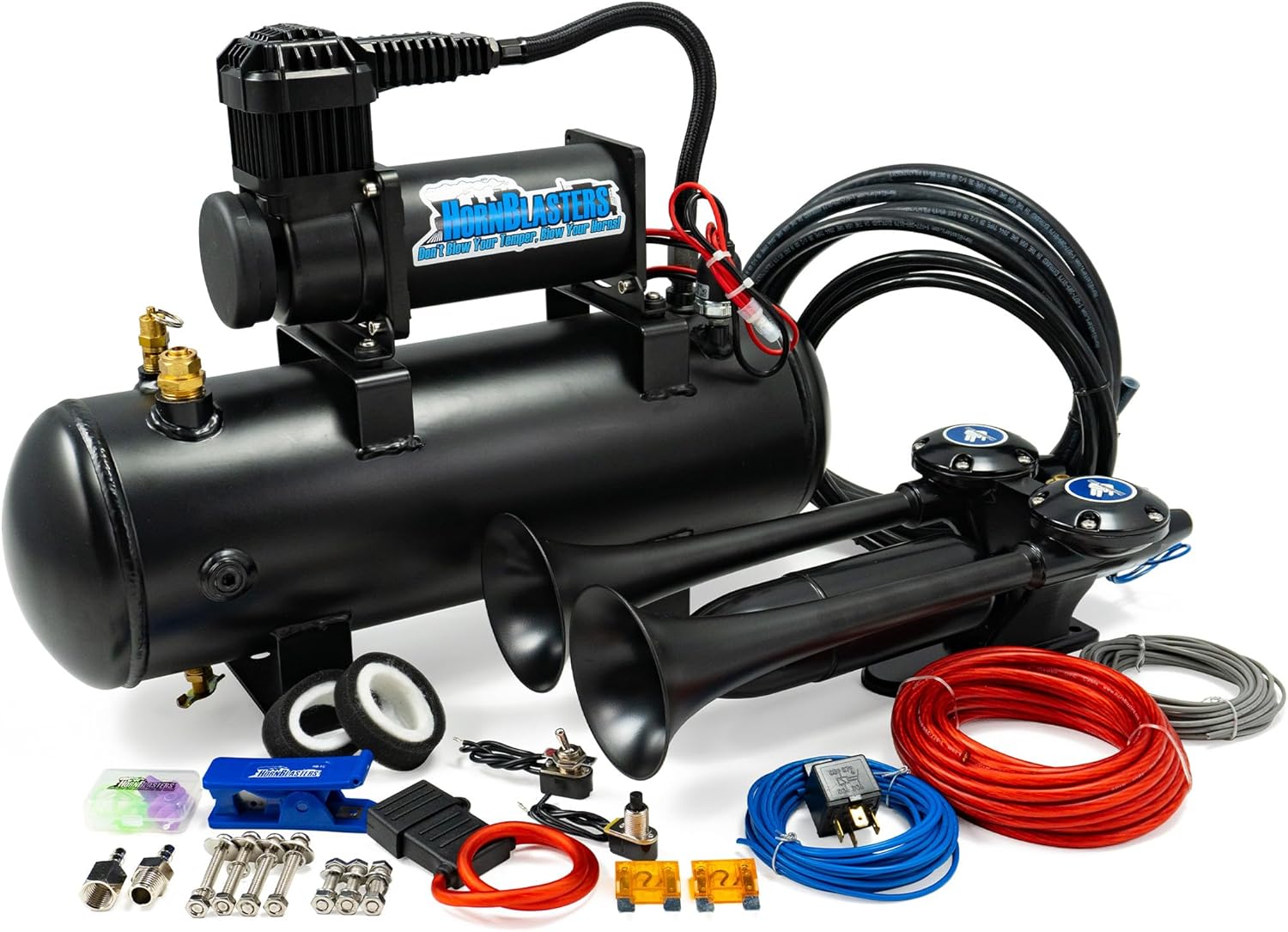 HornBlasters Super Echo 228H 2 Gallon All-In-One Air Horn Kit - Easy Install - 2 Trumpets