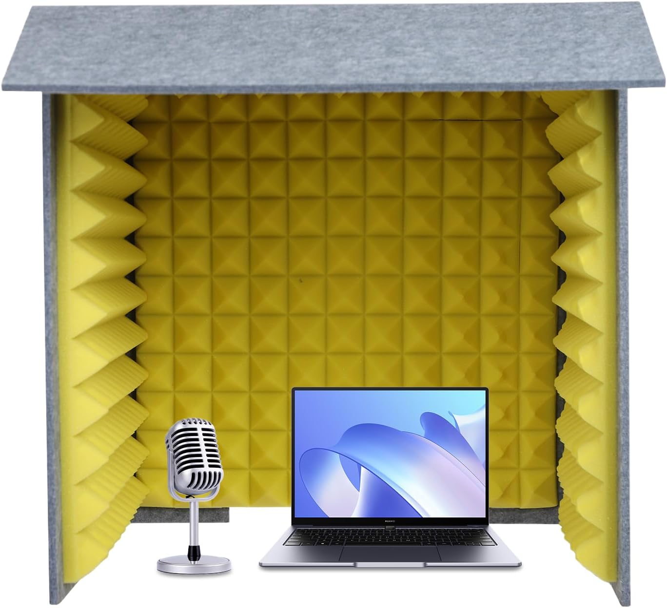 Portable Soundproof Booth Desktop Vocal Recording Booth Square Sound Proof Box Cover Vocal Absorbing Shield Music Recording Equipment to Filter Vocal for Microphone Studio Sound Recording, Gray&Yellow