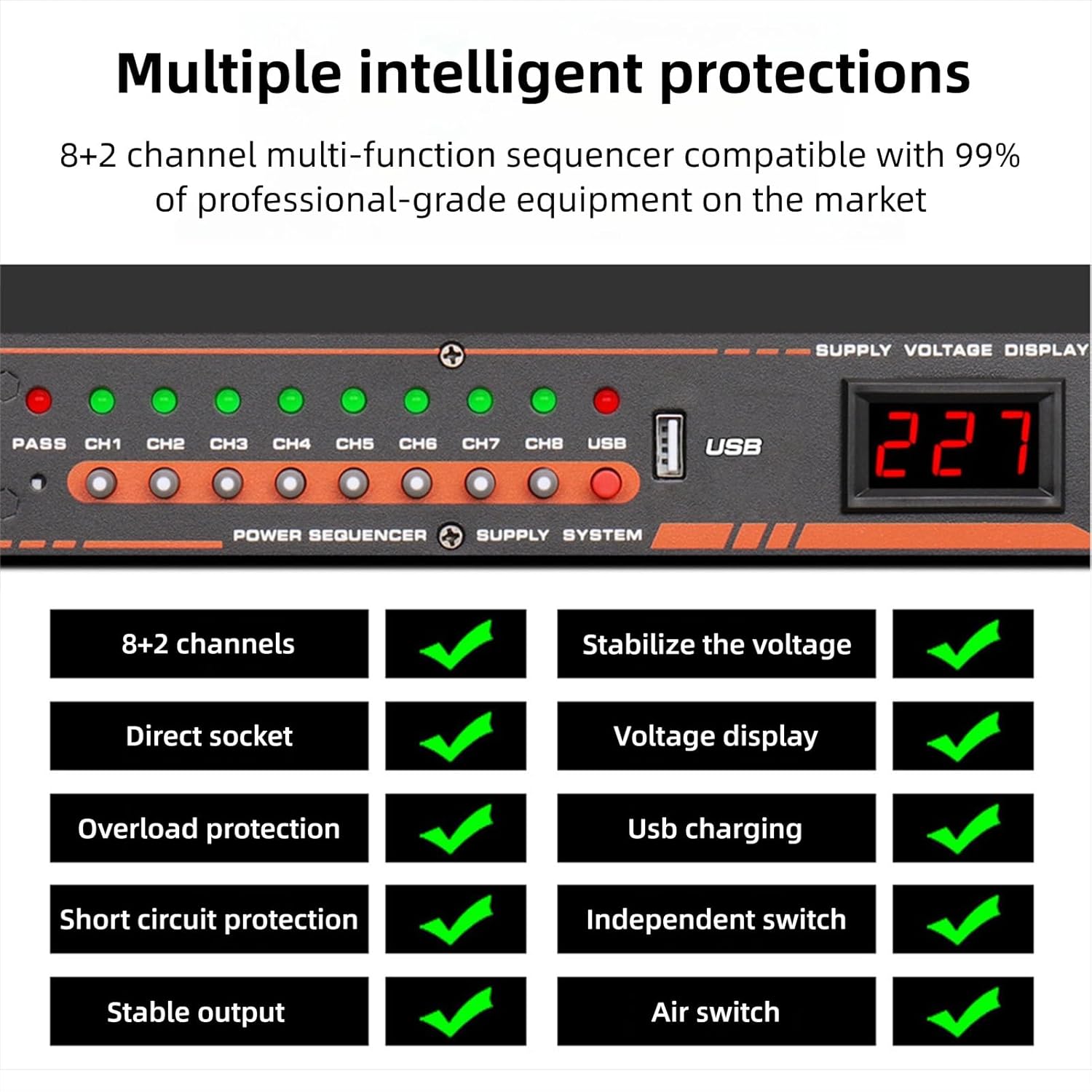 Asixxsix 10 Outlet Power Sequencer Conditioner, Power Supply Sequencer Controller with Digital Screen and Independent Power Switch USB Port, for Most of Audio Devices (US Plug)