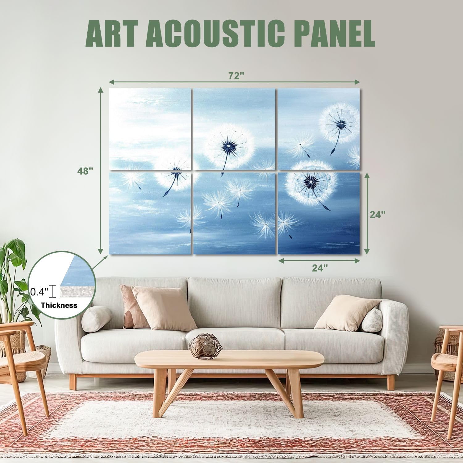 6 Pack Art Acoustic Panels Sound Absorbing Dandelion White Flower Flora Modern Dandelions Wind Soft Blue Oil Decorative Soundproof Wall Panels Self Adhesive for Recording Studios Office 72