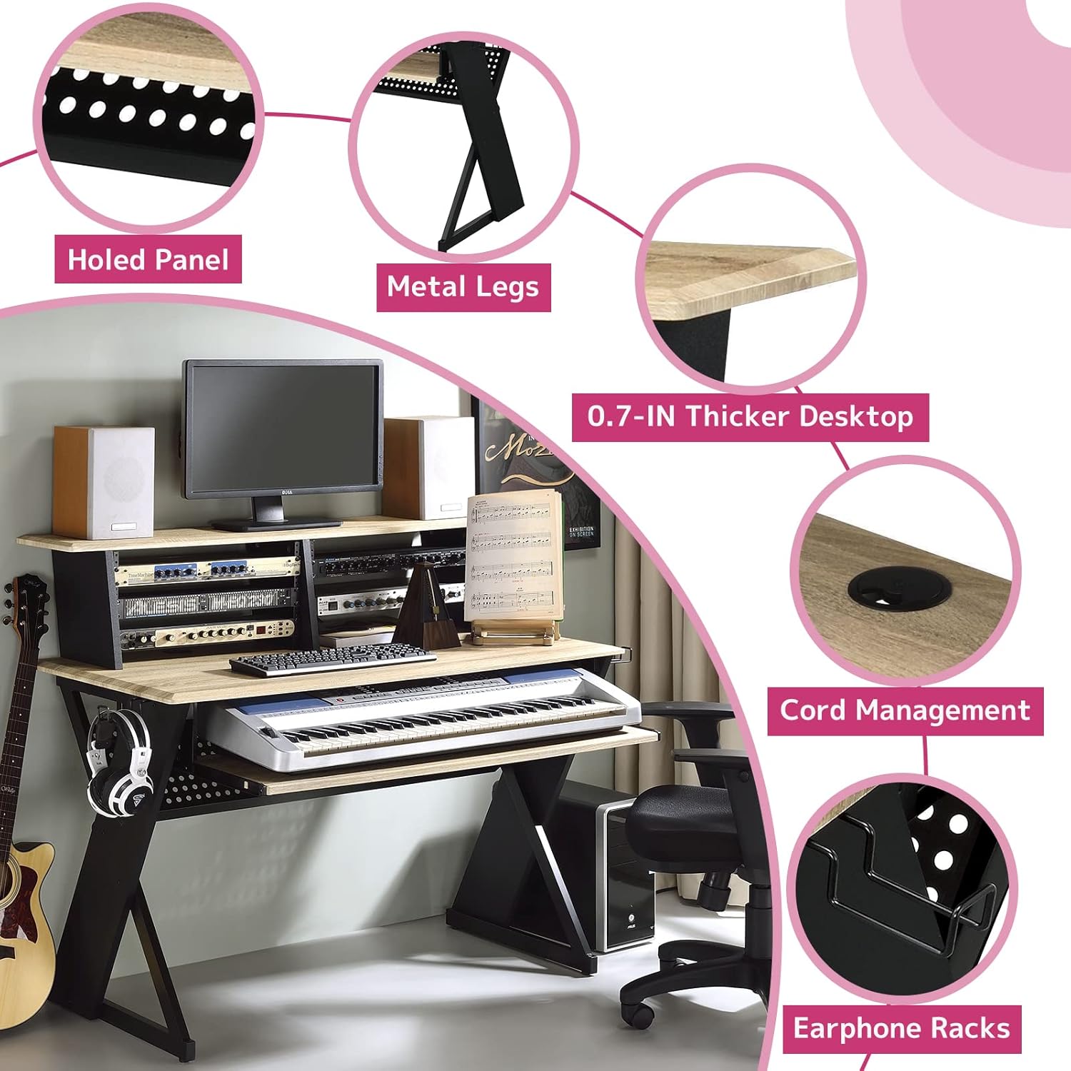 Acme Furniture Rectangular Music Desk Table with Earphone Rack, Natural and Black