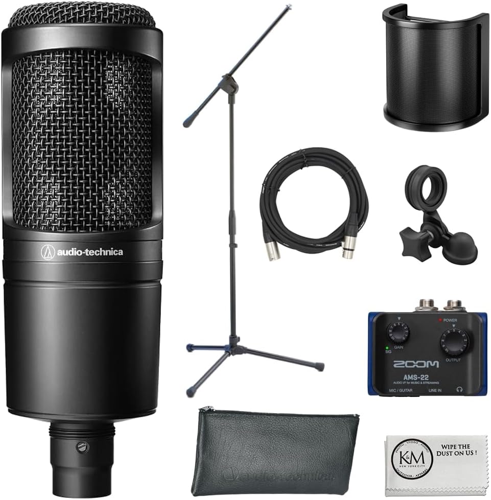 Audio-Technica AT2020 Cardioid Condenser Microphone Bundle with Audio Interface + Microphone Stand + Pop Filter + XLR Cable + Cleaning Cloth (6 Items)