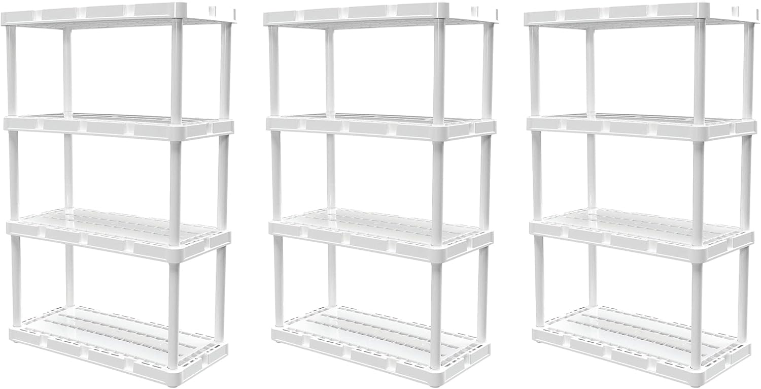 Gracious Living 3 Pack Light Duty Storage Shelves, Knect-A-Shelf 4-Shelf Ventilated Shelving Rack Organizer for Home, Garage, Basement & Laundry, White