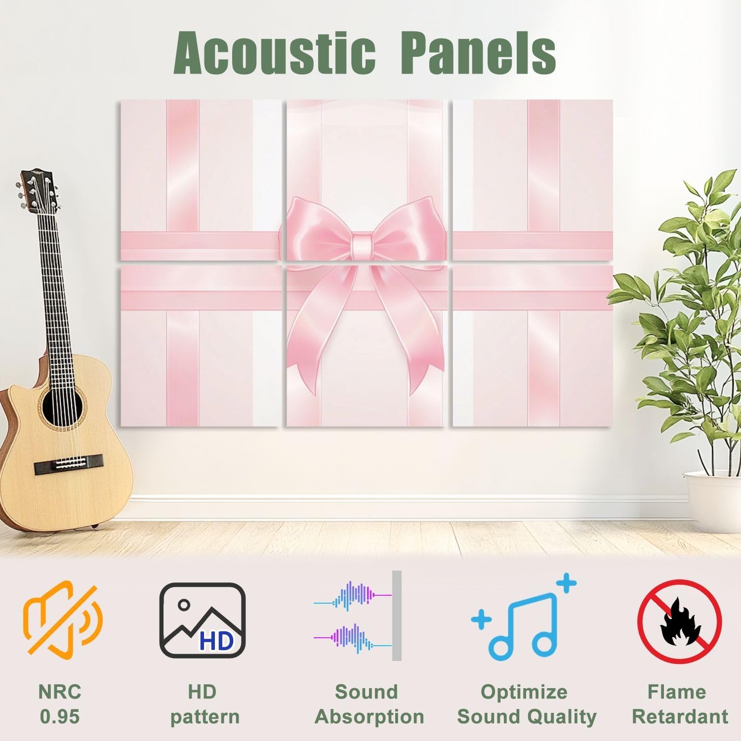 6 Pack Art Acoustic Panels Sound Absorbing Pink Ribbons Princess Bow Light Vertical Stripes Satin Texture Gift Decorative Soundproof Wall Panels Self Adhesive for Recording Studios Office 72