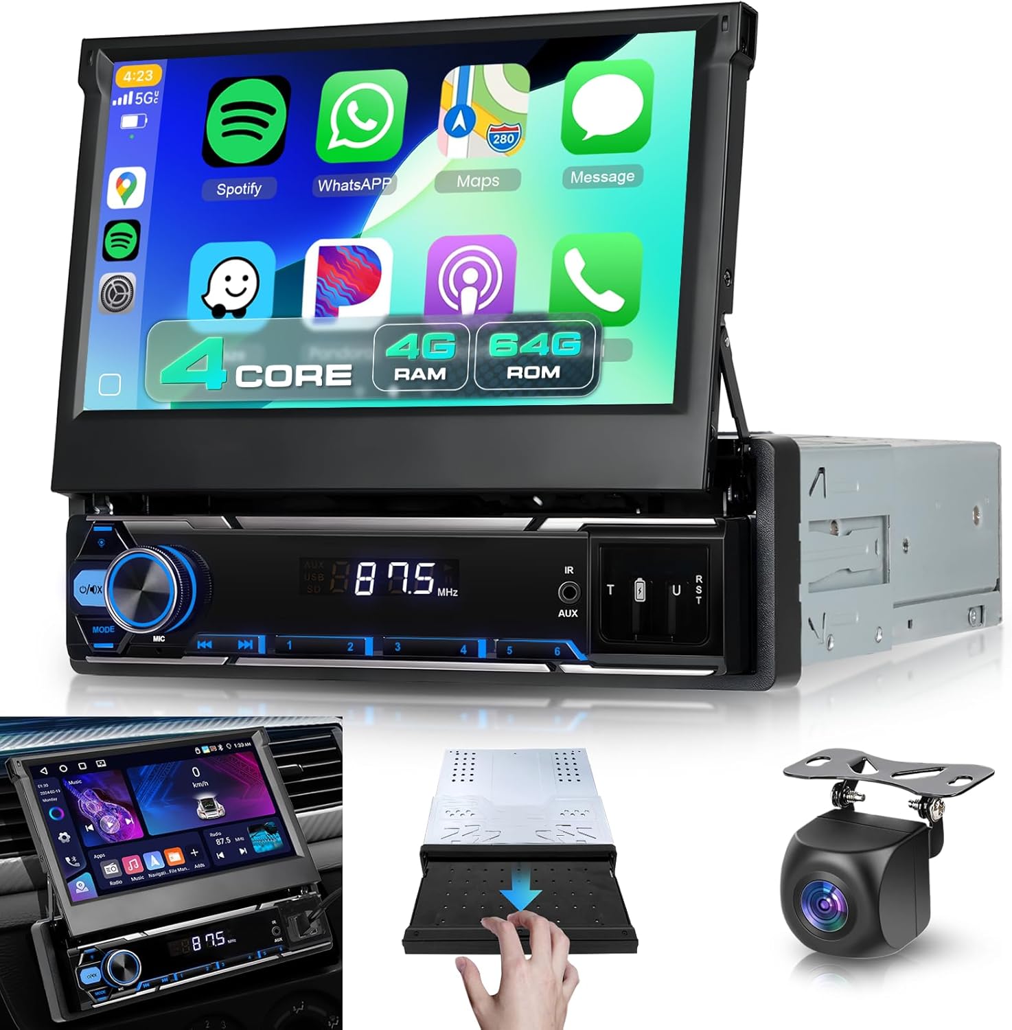 4G+64G Android Single Din Flip Out Car Stereo with Wireless Carplay Android Auto, Sellrich 7