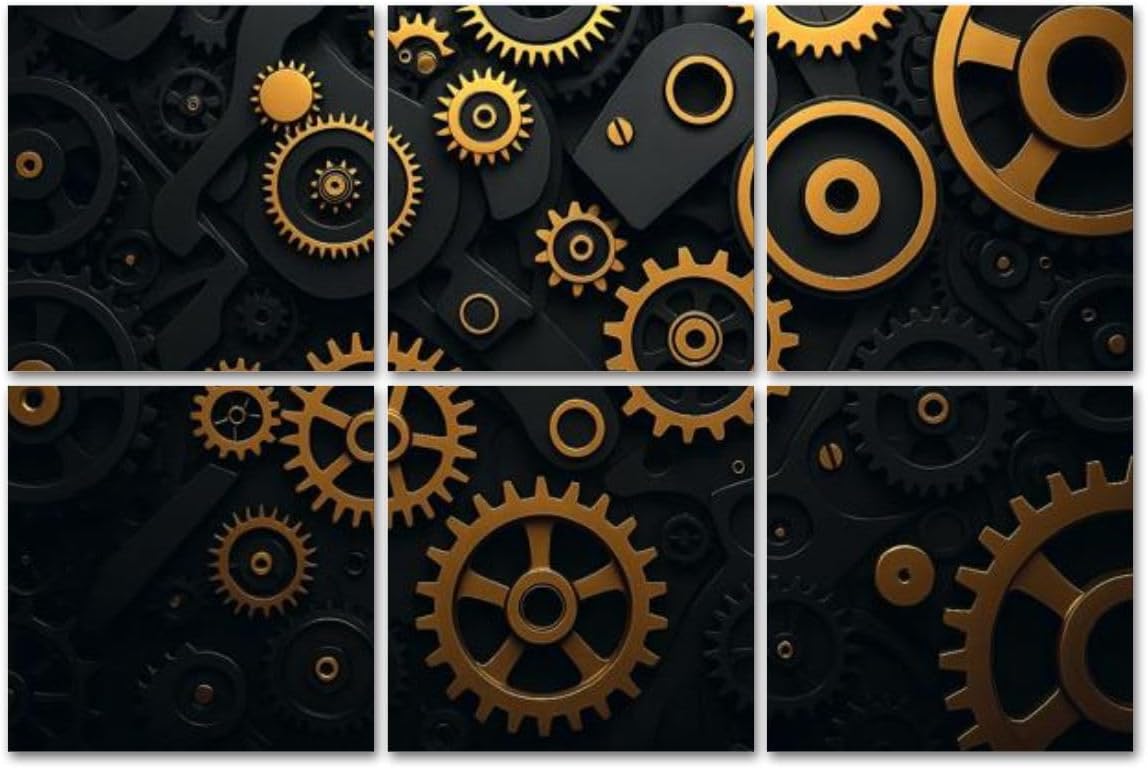 6 Pack Art Acoustic Panels Sound Absorbing Golden Black Mechanical Gear Industrial Steampunk Design Decorative Soundproof Wall Panels Self Adhesive for Recording Studios Office 72