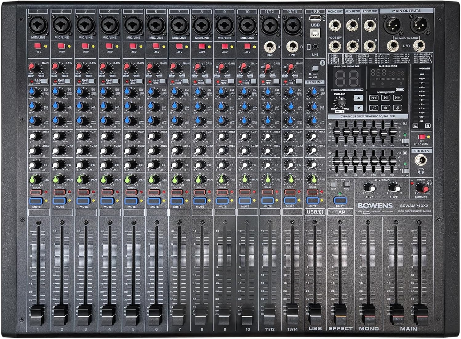 BOWENS PRO 6000W 15-Channel Powered Mixer | Professional Audio Mixer with Dual Class-D 650W RMS Amplifiers, 99 DSP Effects, USB Recording & Playback, Bluetooth 5.0, 3-Band EQ & Compressor