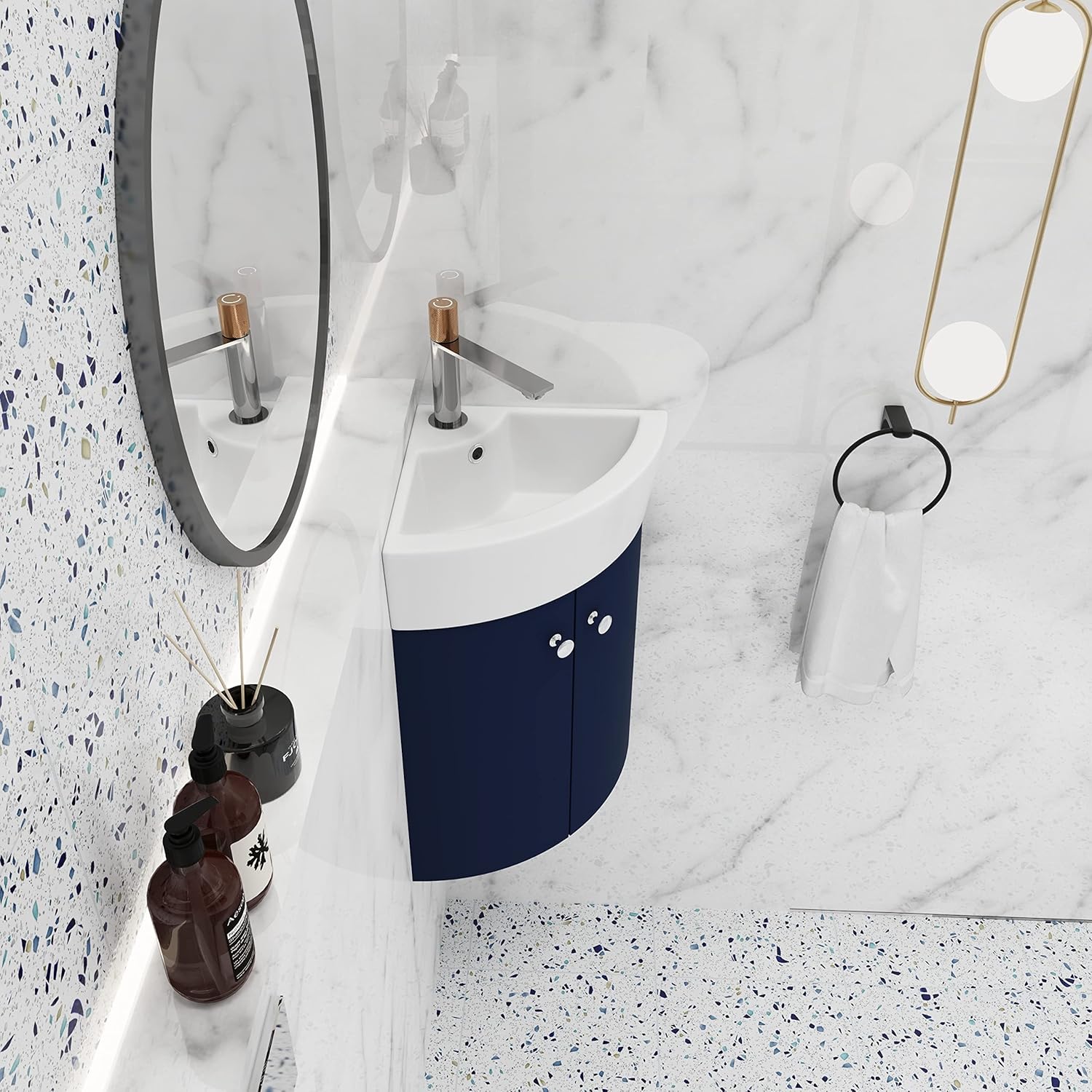 12.8 Inch Corner Bathroom Vanity Sink Combo for Small Space Wall Mounted Cabinet Set,Ceramic Sink