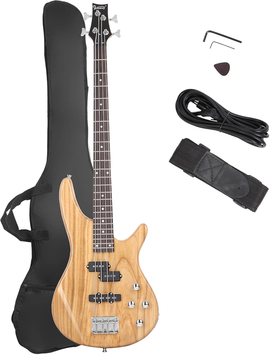 GLARRY Electric Bass Guitar Full Size 4 String Exquisite Stylish Bass with Power Line, Bag and Wrench Tool (Natural Wood)