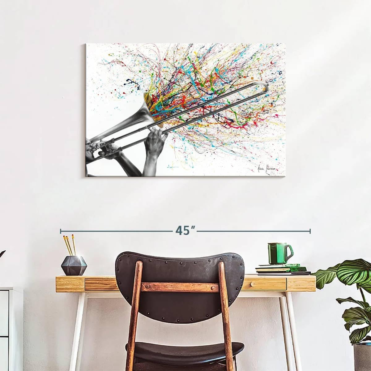 ElephantStock Trombone Solo Wall Art - Horizontal Wrapped Canvas - 1-Piece Living Room Wall Decor - Painting Music Canvas Print - White and Gray Decor for Wall by Ashvin Harrison - 36