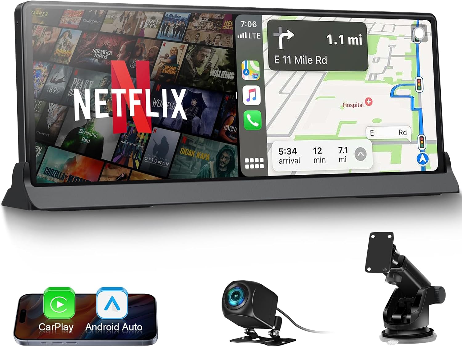 Carplay Screen for Car with Netflix YouTube 10.26 inch Wireless Car Play Screen Android Auto Touchscreen Voice Control GPS Navigation and Backup Camera OTA Updates Dual Bluetooth