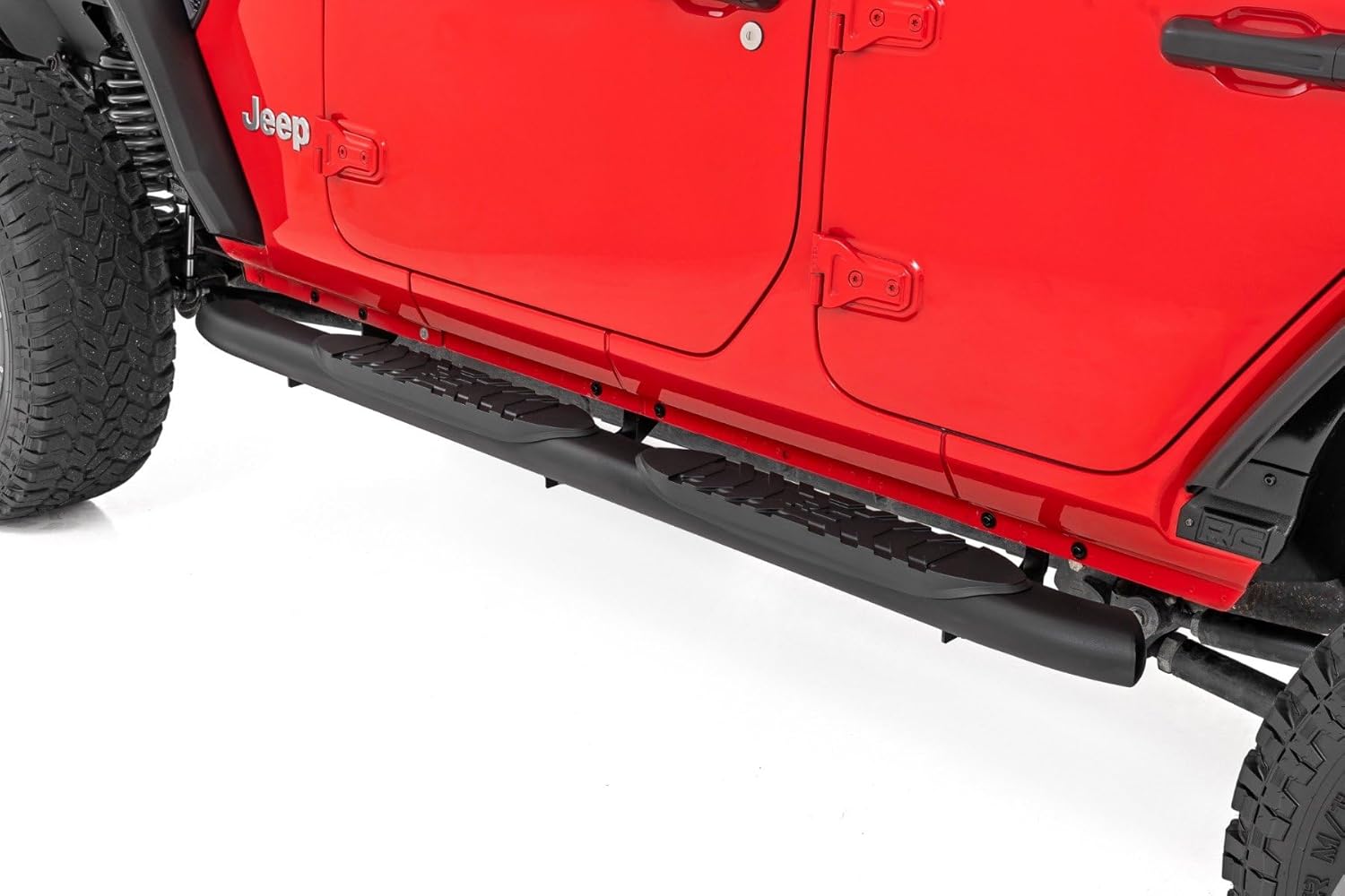 Rough Country Oval Nerf Steps for Jeep Wrangler Unlimited (2018-2025) 4-Door - OEM Style Rails with Built-in Side Steps