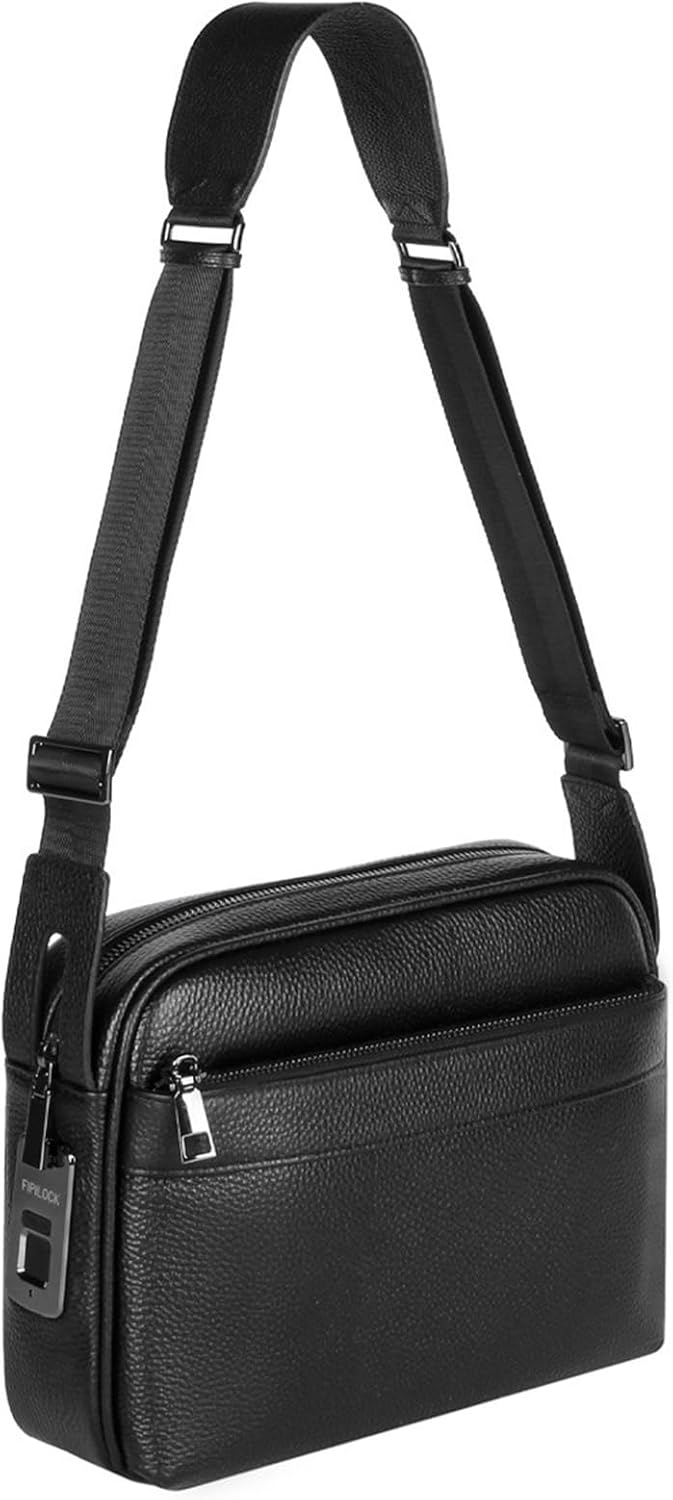 O-TBOST Fingerprint Lock Crossbody Bag for Men Anti-Theft Genuine Leather Shoulder Bag for Travel Work Business