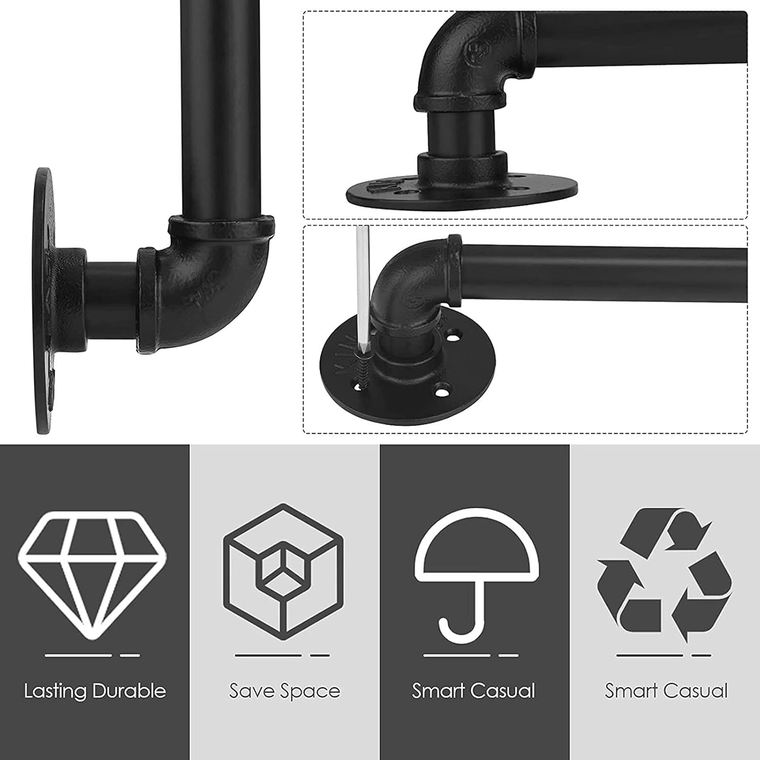 Industrial Pipe Handrail Kit 1ft-20ft, Metal Staircase Handrail Iron Pipe Baluster Stair Hand Railing for Indoor & Outdoor Wall Mount Support, Stairs Porch Deck Hand Rail, Round Corner (Size : 12ft/3