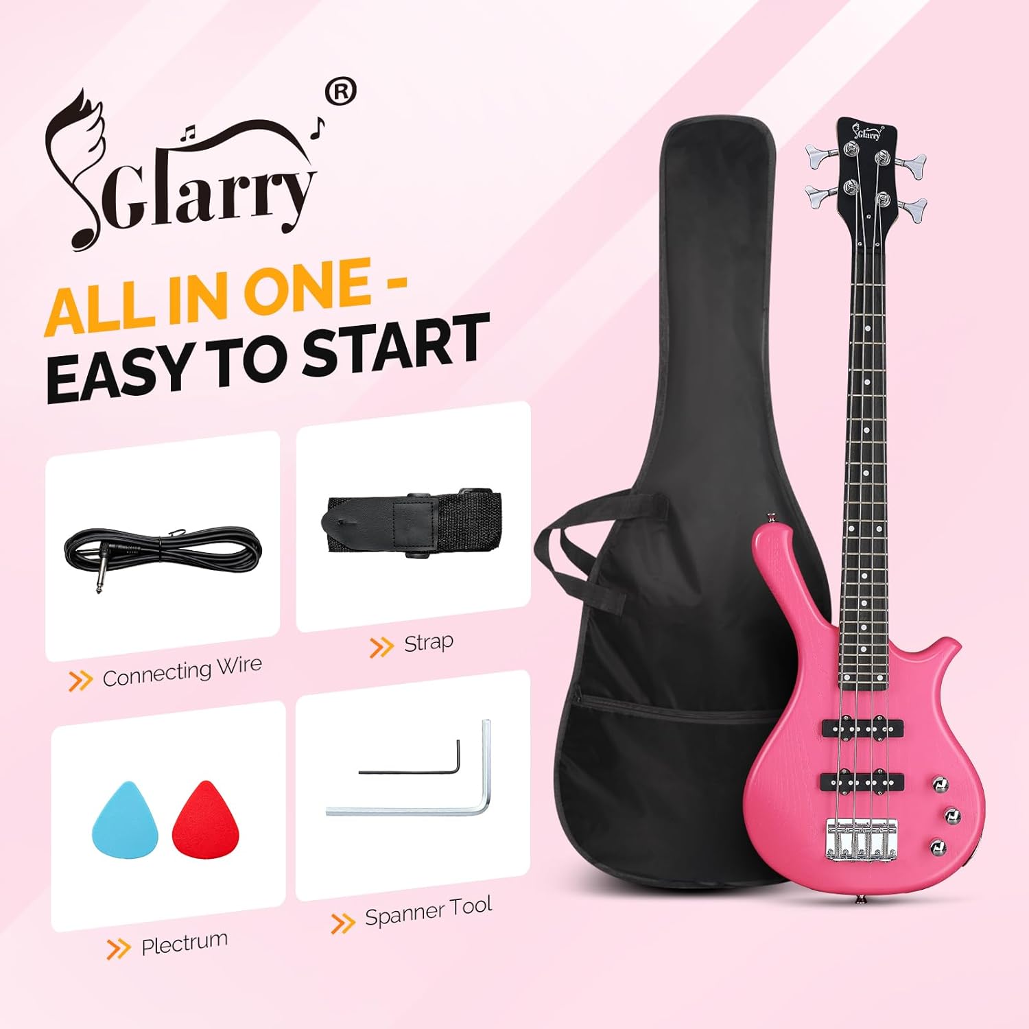 GLARRY 4 String Electric Bass Guitar, 36-inch Bass Guitar Beginner Kit with Cable, Strap and Bag for All Skill Level, Adults,Travel (Pink)
