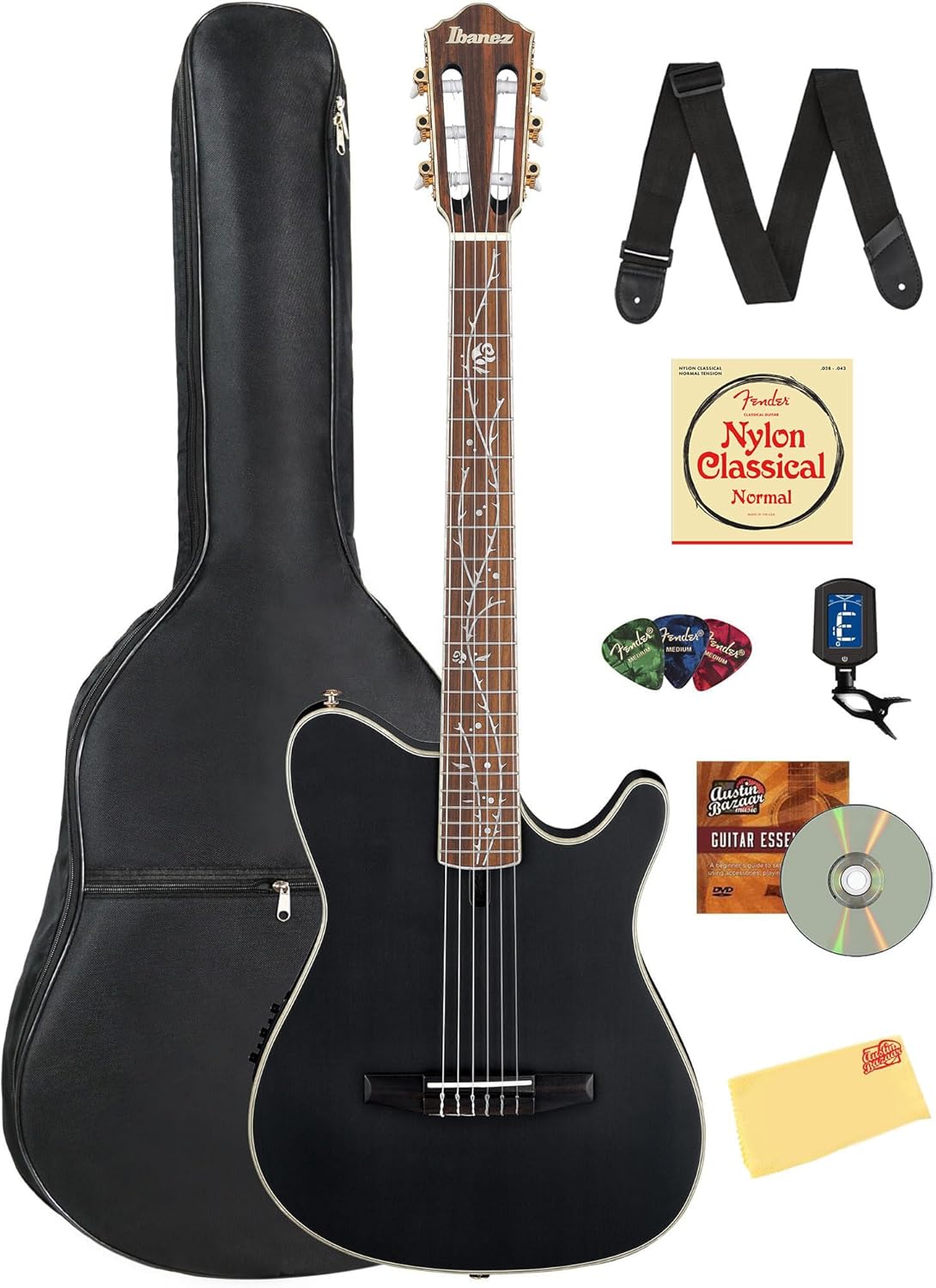 Ibanez TOD10N Tim Henson Nylon Acoustic-Electric Guitar - Transparent Black Flat Bundle with Gig Bag, Tuner, Strap, Strings, Picks, Austin Bazaar Instructional DVD, and Polishing Cloth