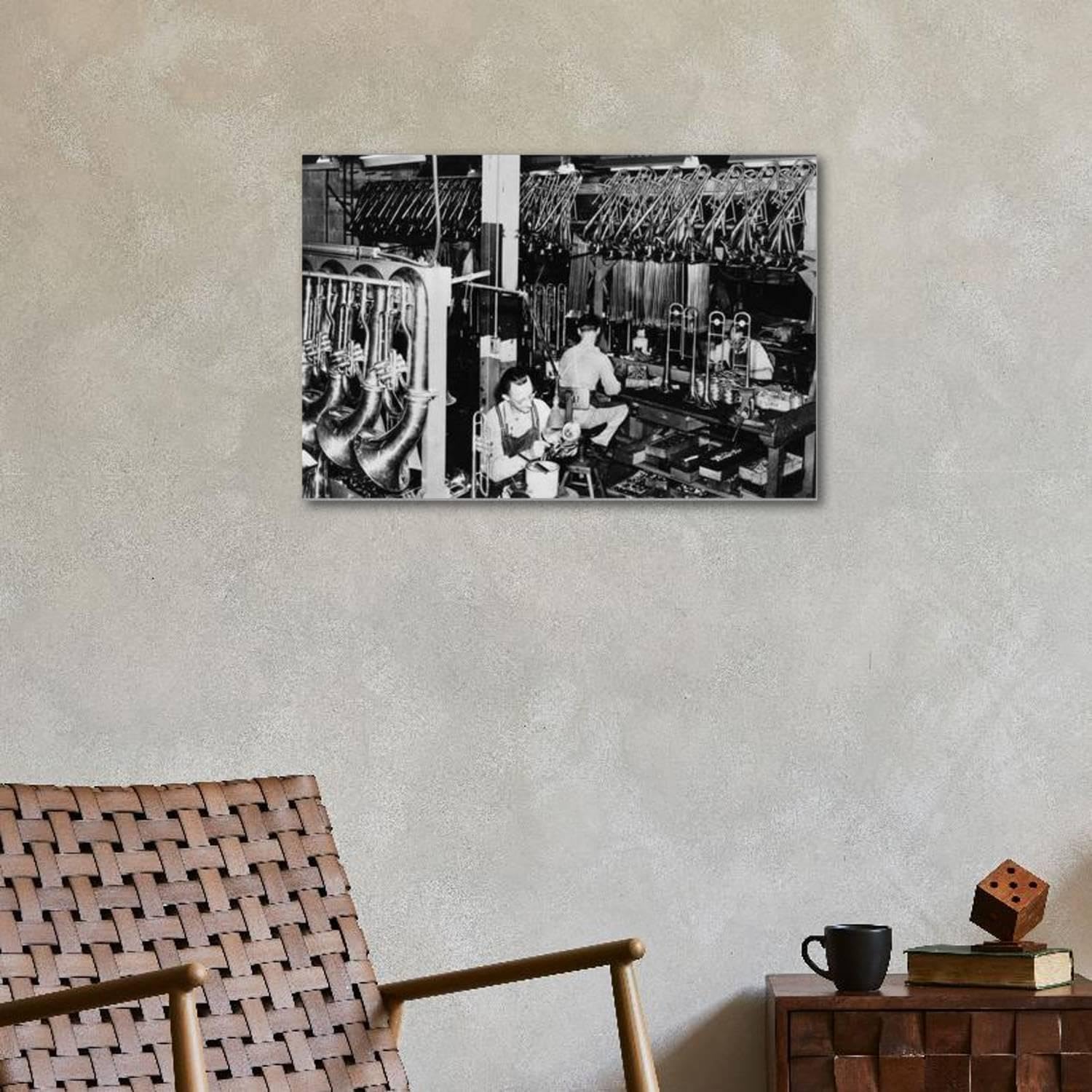 ART.COM Stretched Canvas Print Interior View of a Brass Instrument Factory, Tubas and Trombone by Lantern Press, 36