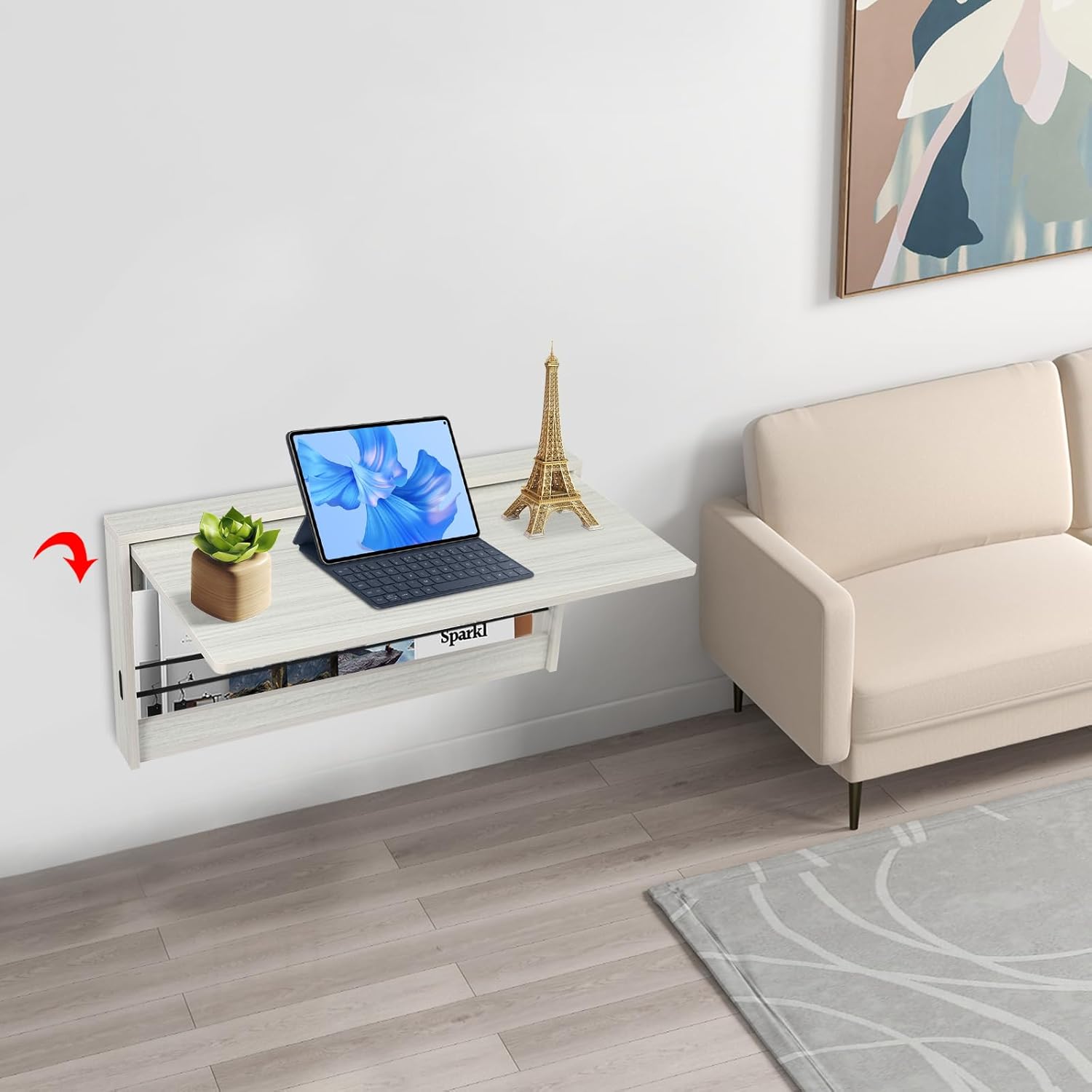 Wall Mounted Folding Table,39.4*16.3in Fold Down Study Writing Desk,Floating Wall Desk Fold Down for Small Spaces, Kitchen Storage Shelf for Home,Office,Study Room (31.5x16.3in-Rounded Corner)