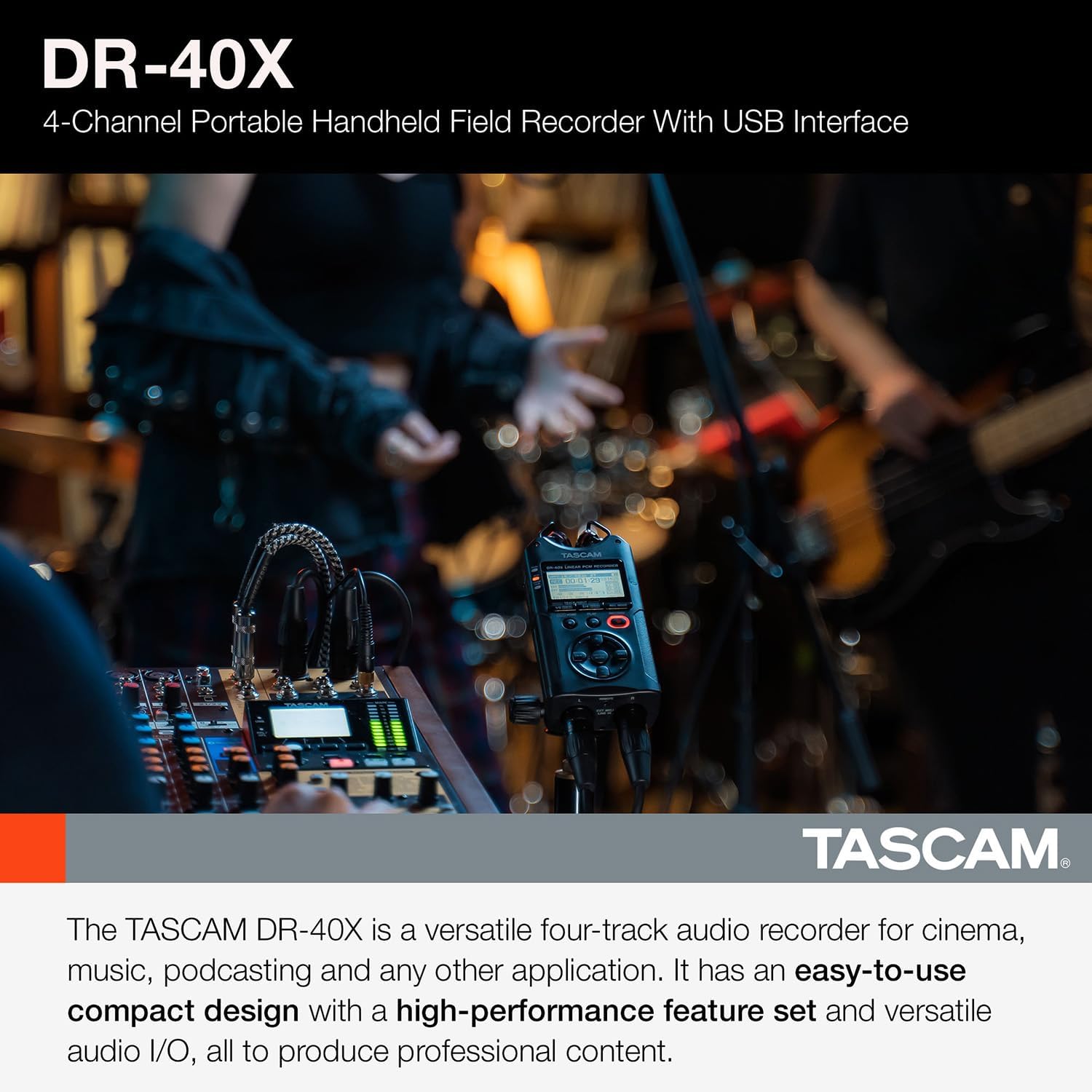 TASCAM DR-40X 4-Track Portable Handheld Field Recorder — 2 XLR/TRS Inputs, USB Audio Interface, Dual Adjustable Microphones for Stereo Recording of Music, Audio for Video and Podcasting