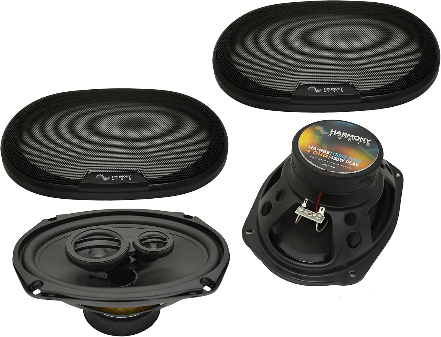 Harmony Audio R69 Compatible with Jeep Compass 2018-2020 Speaker Replacement Front and Rear Car Audio Kit Bundle with Harness