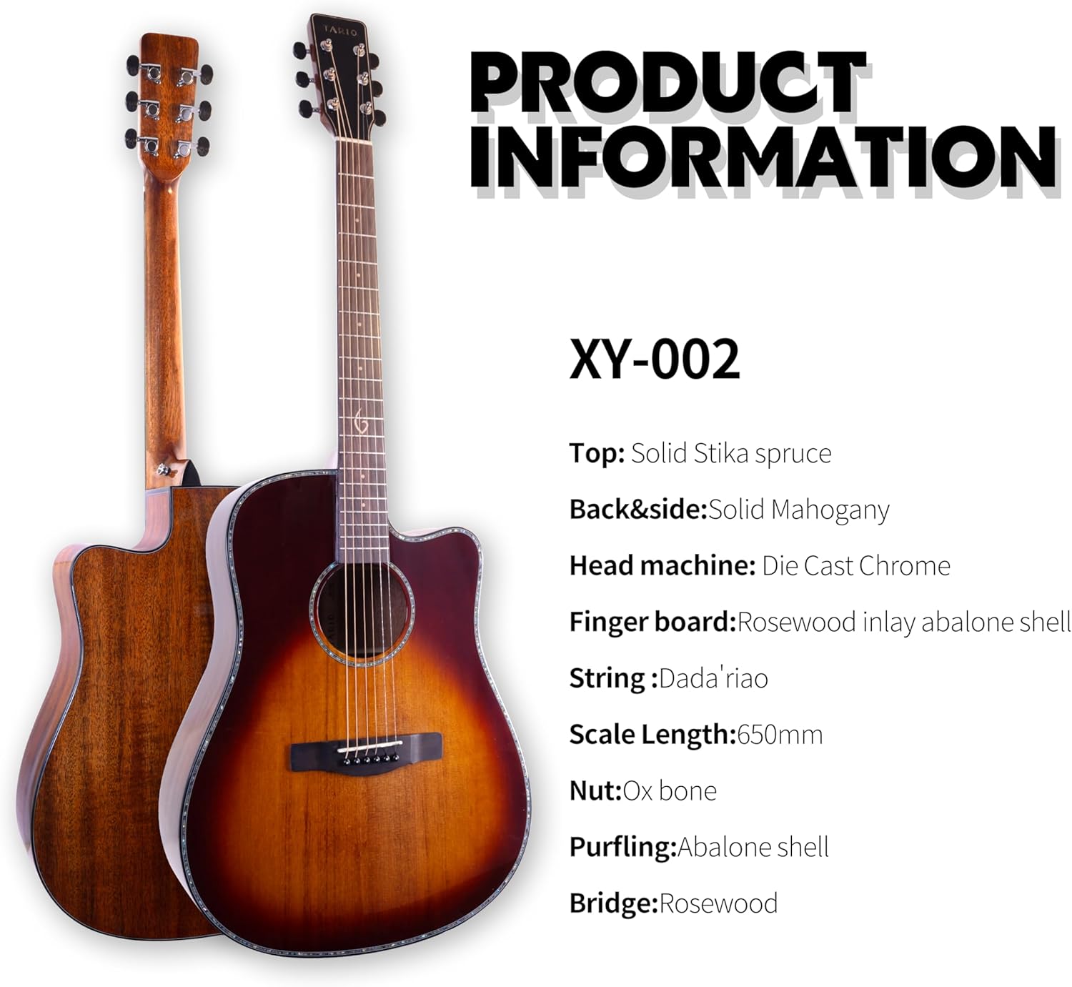 TARIO 41'' Acoustic All Solid WOOD Guitar Solid A+Sitka Spruce Top Solid Mahogany Back and Sides Mahogany Neck Rosewood Fretboard Including a Gig bag,High Gloss