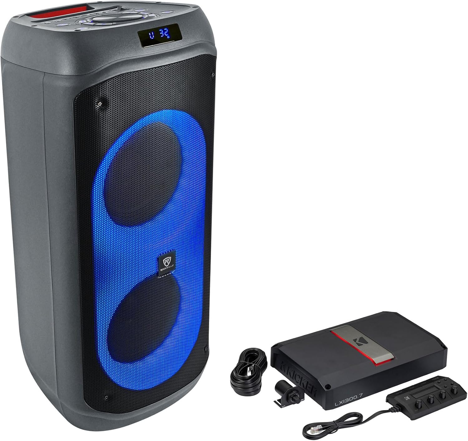 Audiosavings Bundle: Kicker 51LX13007 7-Channel Class-D Car Audio Amplifier Bundle with Rockville BASS Party 8 Dual 8