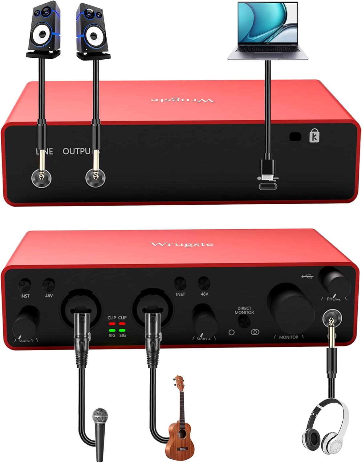 Wrugste Audio Interface for Recording Podcasting and Streaming Ultra-low Latency Plug&Play Noise-Free XLR Audio Interface(24Bit/192kHz)+48V Phantom Power for PC