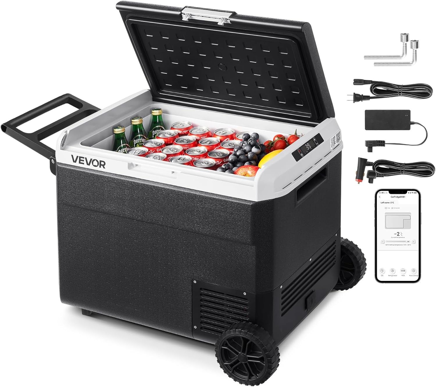 VEVOR 63.4QT/60L Car Fridge, Portable Electric Cooler with Wheels and Handle, -4℉~68℉, 12/24V DC and 100-240V AC Compressor Freezer for Outdoor, Camping, Travel, RV, Black