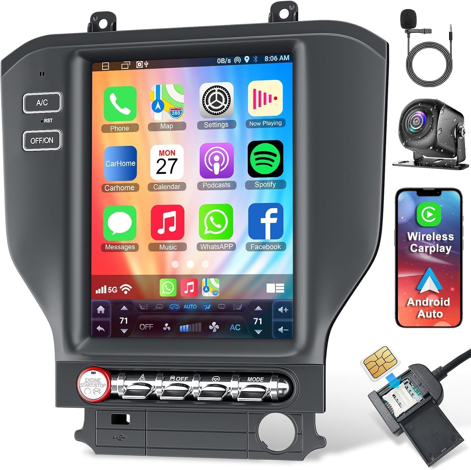 4+64 8-core Android 13 Car Radio for Ford Mustang 2015-2023, 10.4 Inch IPS Touch Screen Car Stereo with Wireless Carplay/Android Auto,GPS, WiFi, Bluetooth,FM, Support OBD2/DSP/DVR