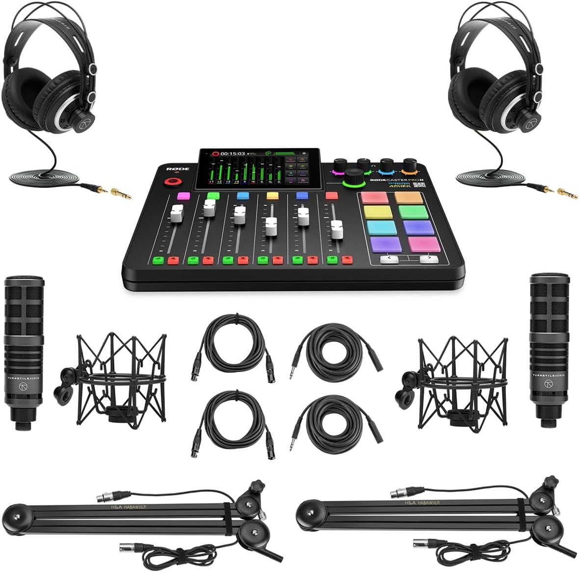 Rode RODECaster Pro II Production Studio Console, Bundle with 2x Turnstile Audio TAP500 Broadcast Microphones and 2x H&A Broadcast Arm
