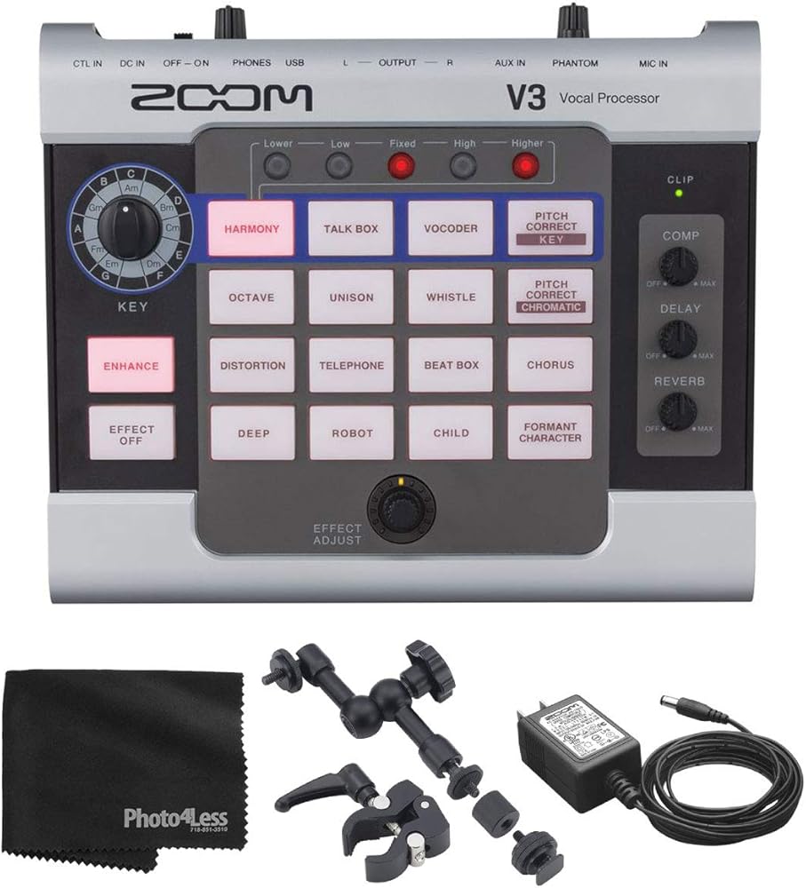 Zoom V3 Vocal Effects Processor For Streaming and Recording + Zoom Handy Recorder Mount + AC Adapter + Cleaning Cloth - Deluxe Bundle