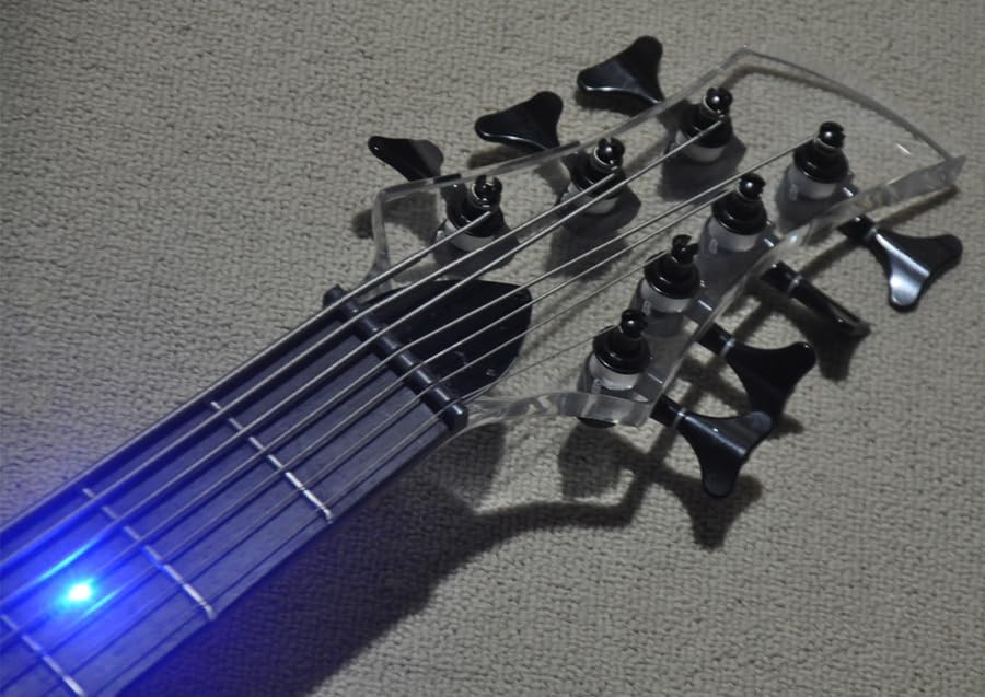 7-String Electric Bass Guitar with Blue LED Acrylic Body, Rosewood Fretboard, and Black Hardware