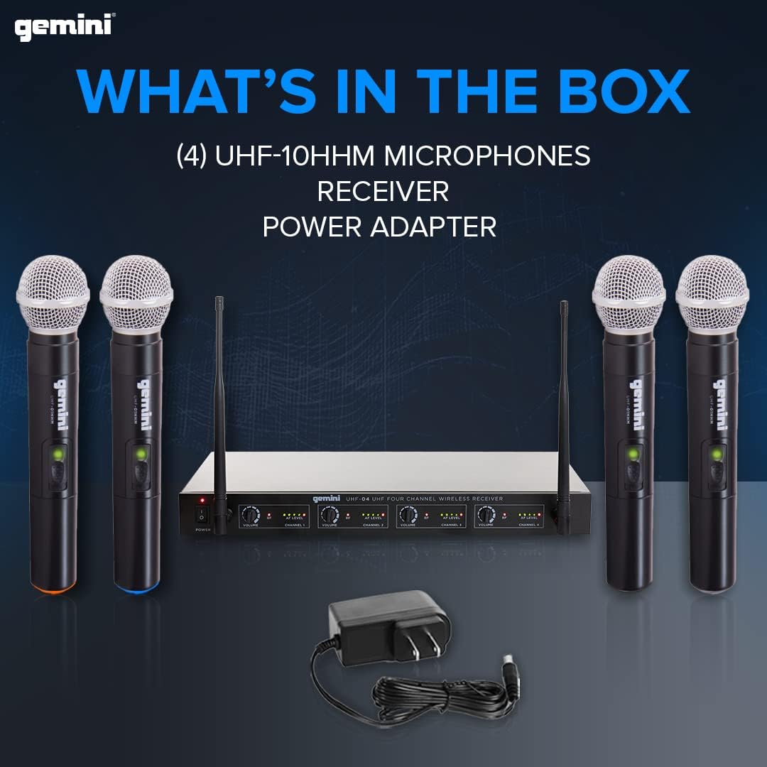 Gemini Sound UHF-04M Wireless Cordless Professional Set of 4 Handheld Microphones and Receiver for DJ, Karaoke, Stage Performance or PA System Four Pack