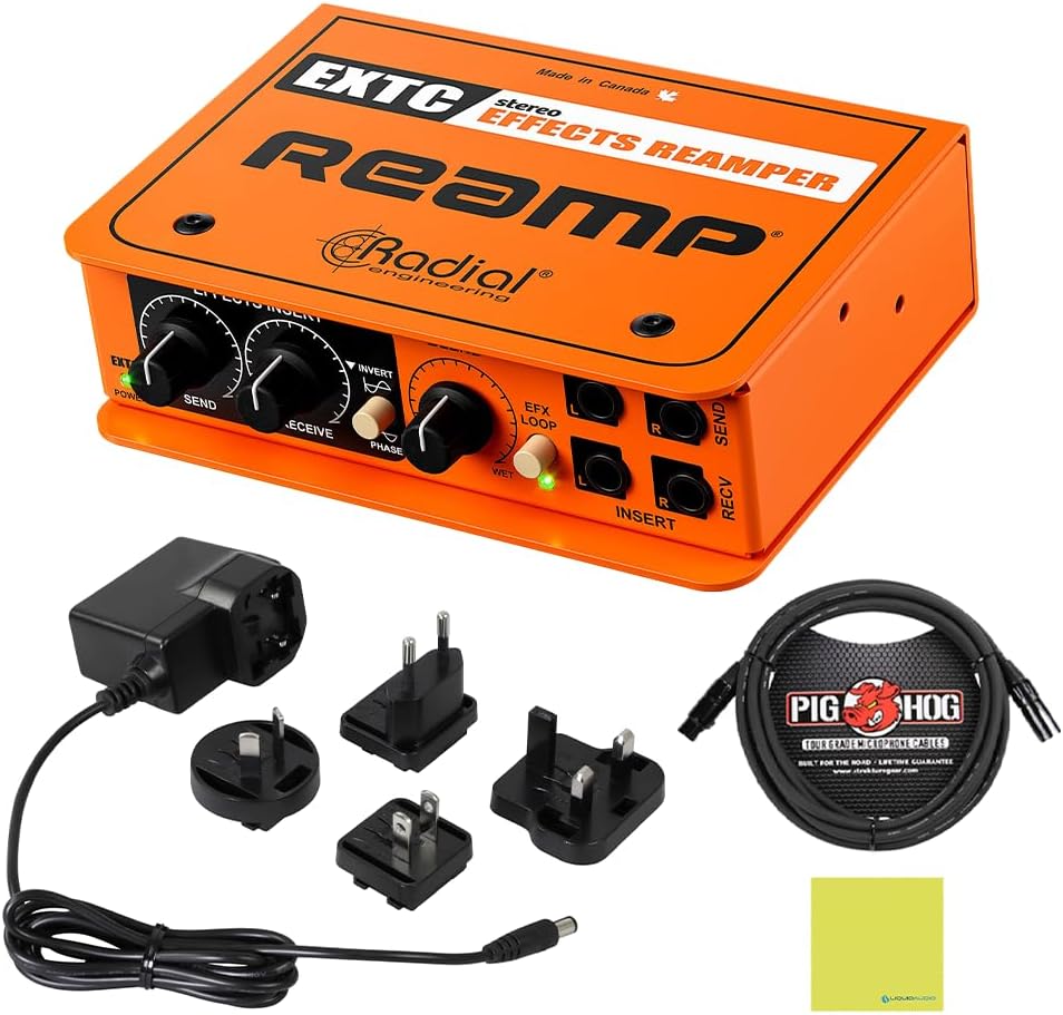 Radial Engineering EXTC-Stereo Effects Interface & Reamper Bundle with Pig Hog 10ft Microphone Cable and Liquid Audio Instrument Polishing Cloth - Reamp Box
