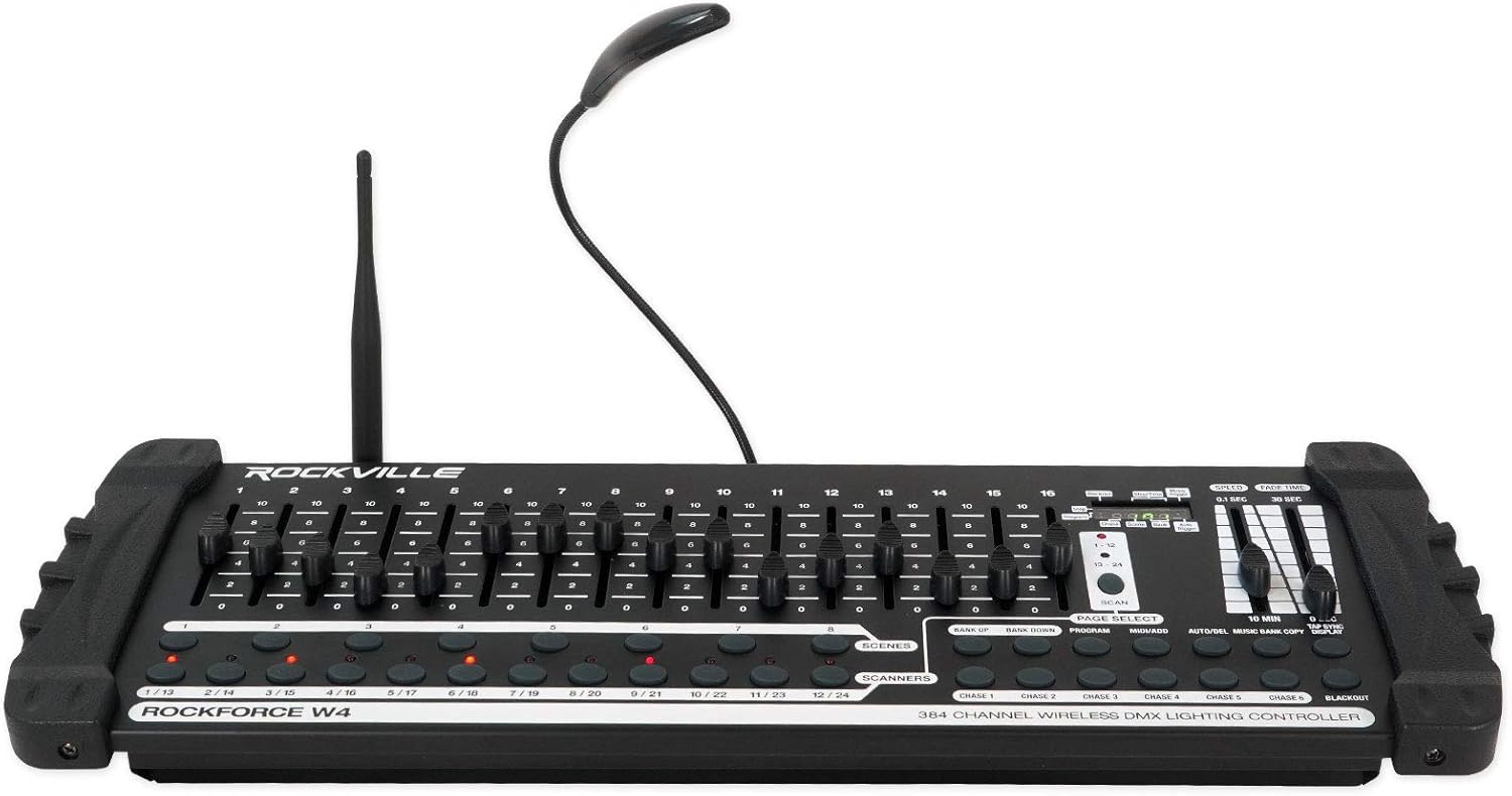 Rockville RF Wedge White Bundle: (4) 54W RGBWA+UV Battery Wireless DMX DJ Par Uplights w/RF Remote, ROCKFORCE W4 384-Channel Wireless DMX Controller w/MIDI, RLB30 Bag for 4 Slim Par Lights, 6-Items