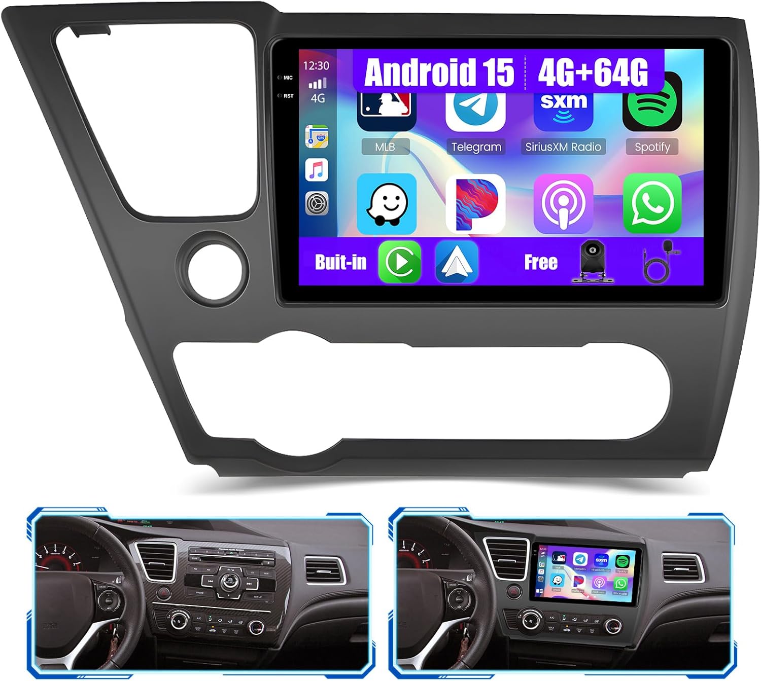 [4G+64G] Android 15 Car Stereo for Honda Civic 2013-2017(Only US Version) with Wireless Carplay/Android Auto, 9 Inch HD Touch Screen Car Radio with GPS WiFi Bluetooth FM/RDS EQ SWC