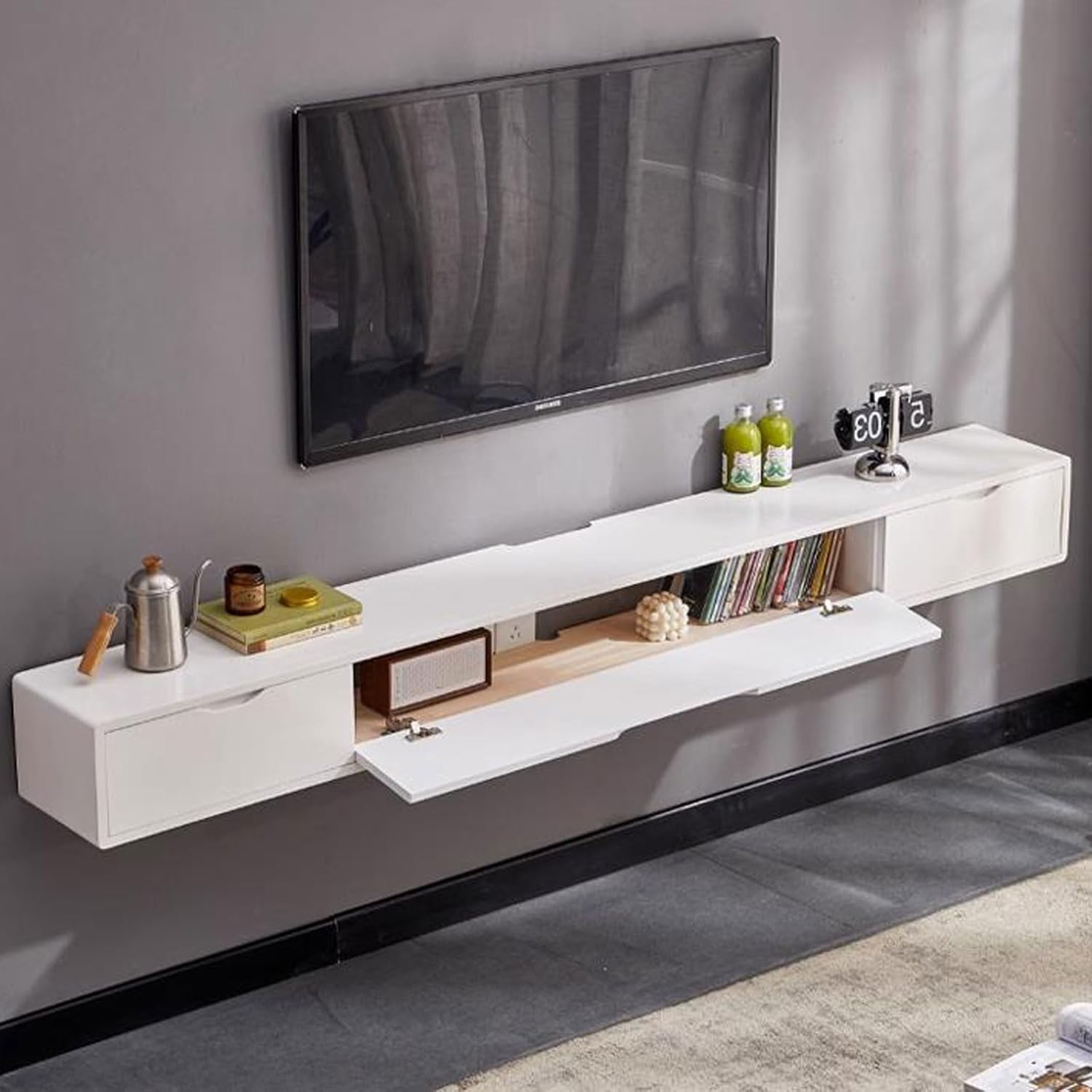 Floating TV Shelf Wall Shelf TV Cabinet TV Stand Wall Mounted Media Console Entertainment Center Storage Cabinet Desk Router Set top Box CD DVD Storage Shelf Wall Mount Corner Shelves White