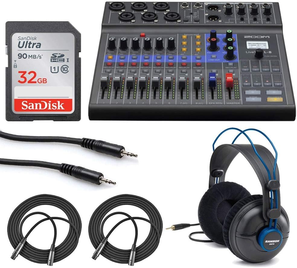 Zoom LiveTrak L-8 Portable 8-Channel Digital Mixer and Multitrack Recorder Bundle with 32GB Memory Card + Studio Headphones + Stereo Mini Male Cable + Mic Cables - Valued Bundle