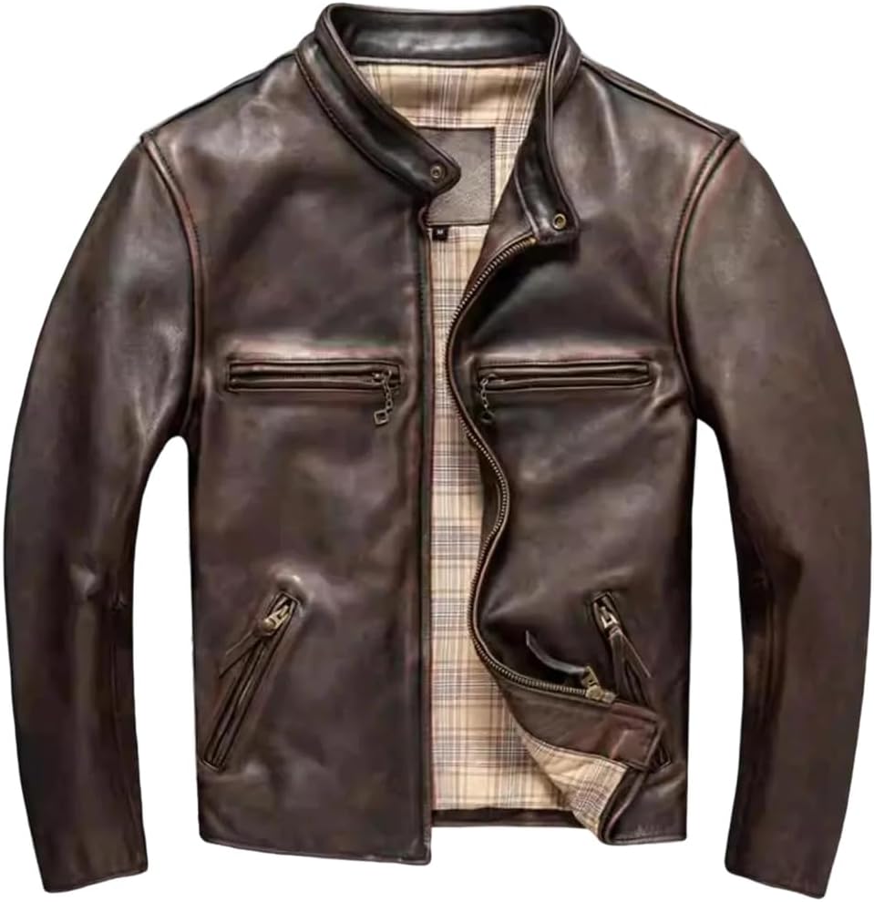 Men Vintage Style Plus Size Genuine Natural Horsehide Stand Collar Slim Fit Leather Coat