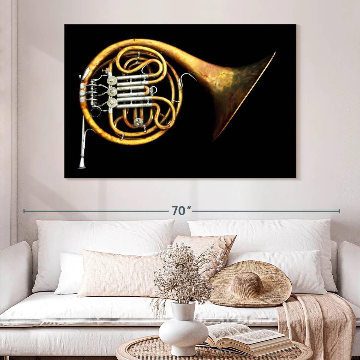 ElephantStock - Vintage French Horn Wall Art - Horizontal Canvas Wall Art - Living Room Wall Decor - Photography Music Canvas Art - Black And Gold Decor - 51