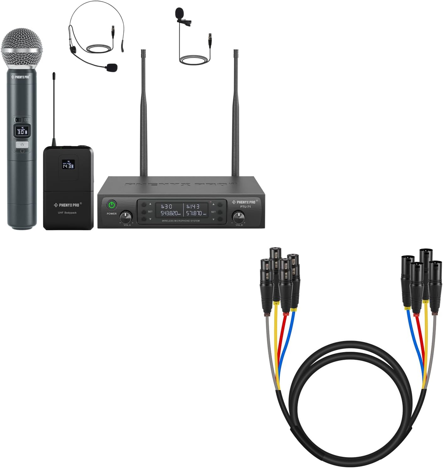 Phenyx Pro Wireless Microphone System,2x100 Adjustable UHF Channels(PTU-71-1H1B) Bundle with 6Ft XLR Snake Cable