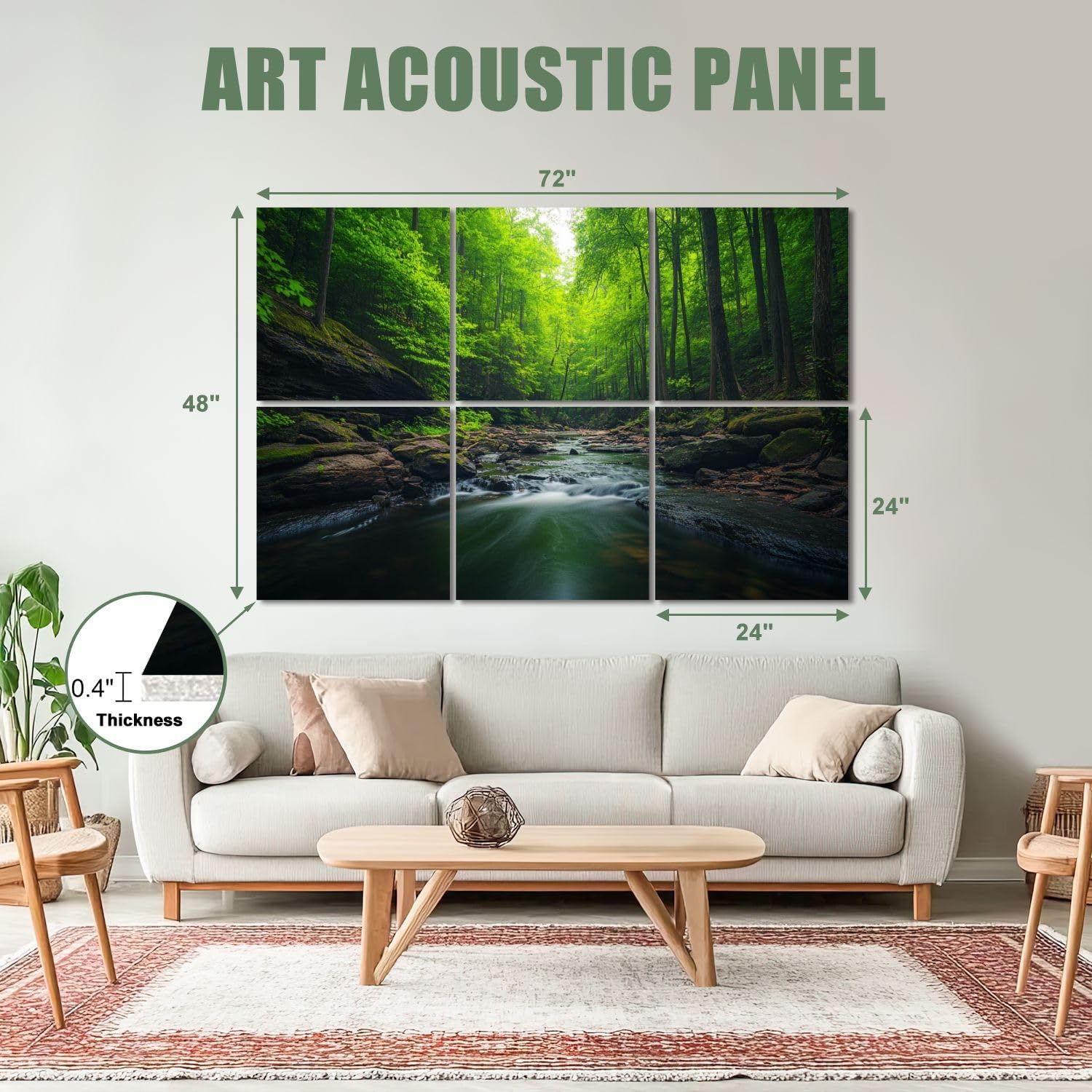 6 Pack Art Acoustic Panels Sound Absorbing River Green Forest Nature Wilderness Modern Rustic Scenic Colorful Decorative Soundproof Wall Panels Self Adhesive for Recording Studios Office 72