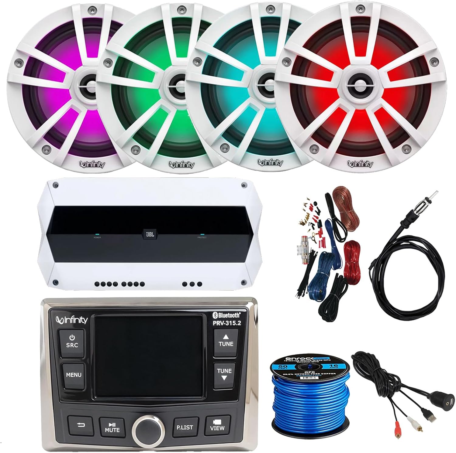 Infinity AM/FM/WB Tuner AUX USB Bluetooth Marine Digital Media Receiver, 4X 6.5 2-Way 225W Multi-Element Speakers (White), 4-Channel Amplifier w/Kit, Speaker Wire, USB/AUX Interface