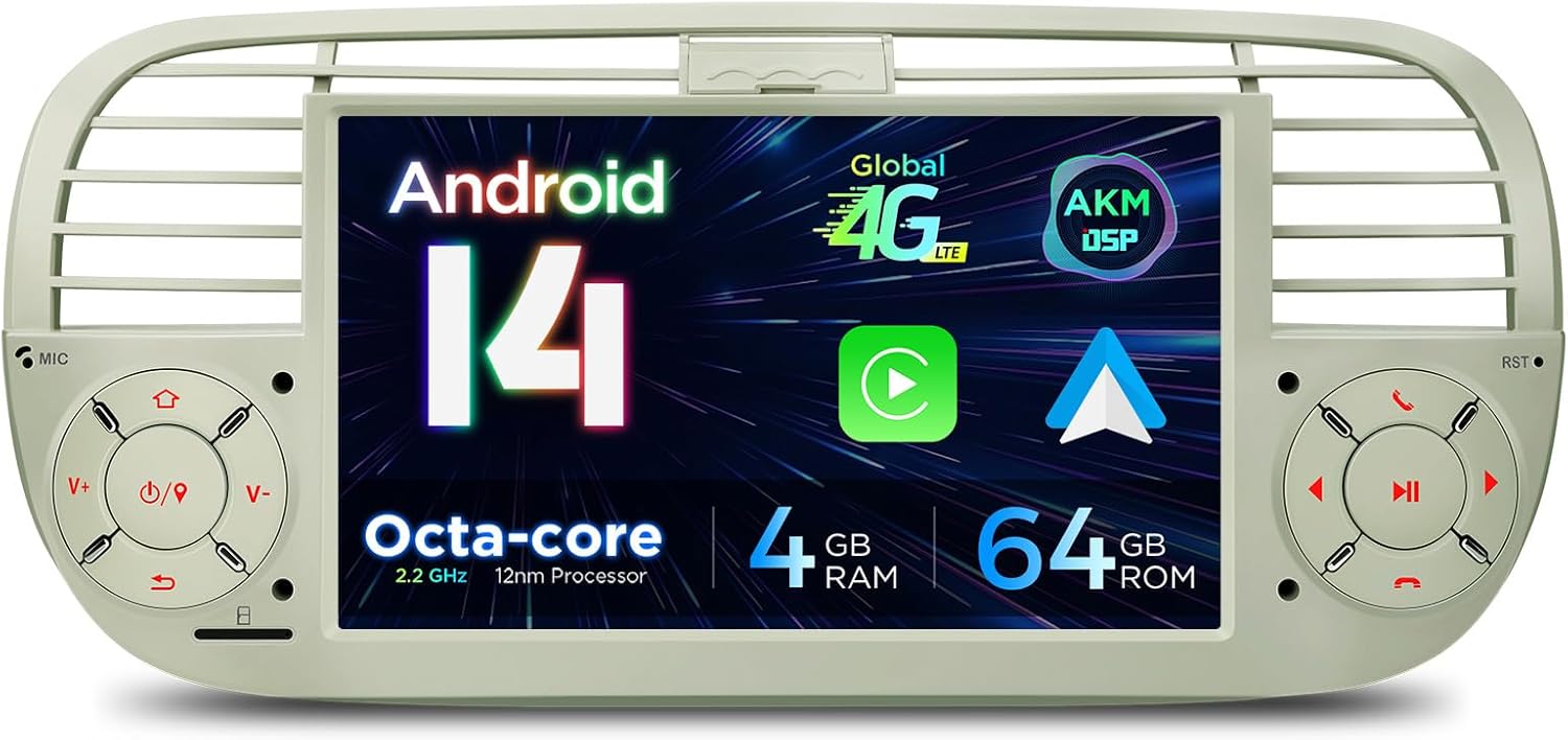 XTRONS for Fiat 500 (2007-2015) Touch Screen Radio, 7 Inch Android 13 Car Stereo for Fiat 500 Replacement Bluetooth Head Unit Built-in DSP Car Play Android Auto 4+64GB (Cream)