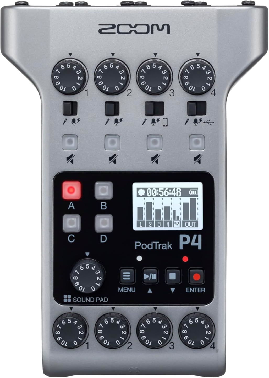 Zoom PodTrak P4 Podcast Recorder, Battery Powered, 4 Microphone Inputs, 4 Headphone Outputs, Phone Input, Sound Pads, Record to SD card, Audio Interface Mode