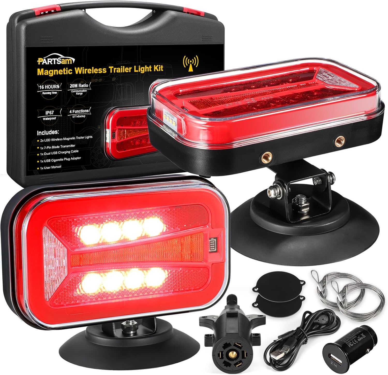 Partsam Wireless LED Trailer Light Kit 4000mAh Battery, Portable Magnetic Rectangle Stop Turn Reverse License Towing Tail Lights w/Metal Bracket 7-Pin Plug for Trucks Trailers 12-24V IP67 Waterproof