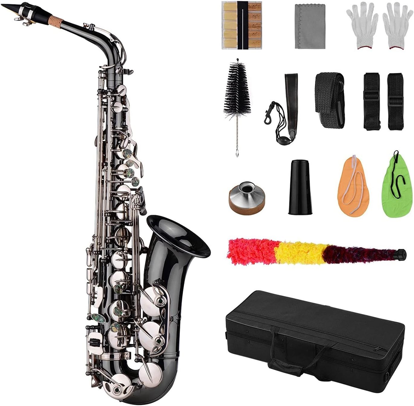 Professional Brass Bend EB E-Flat Alto Saxophone Sax Black Nickel Plating Abalone Shell Keys with Case Gloves Cloth Straps Student Saxophone