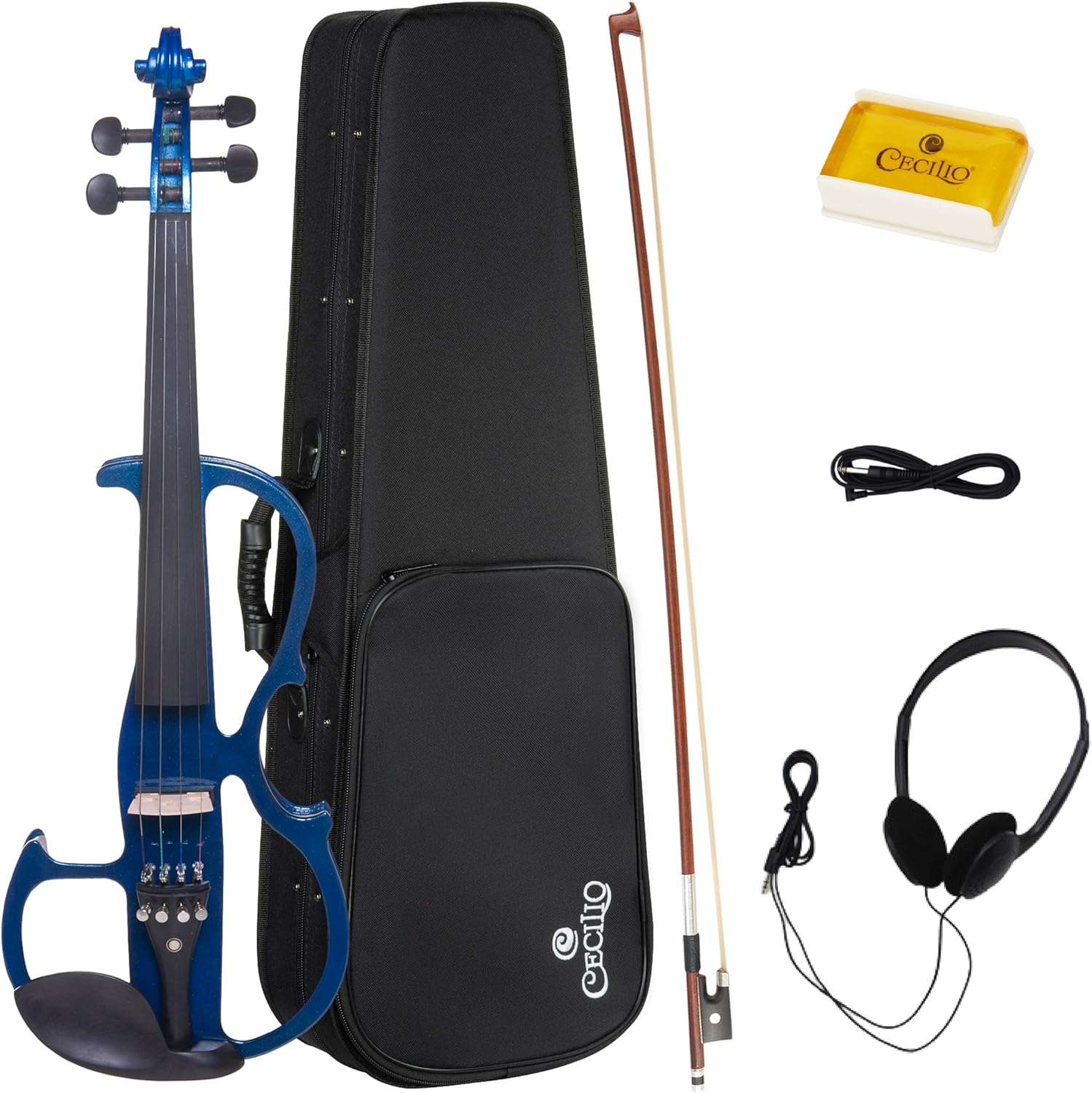 Cecilio 4/4 CEVN-2BL Electric/Silent Violin with Ebony Fittings in Blue Metallic Varnish (Full Size) – Ideal for Practice and Performance