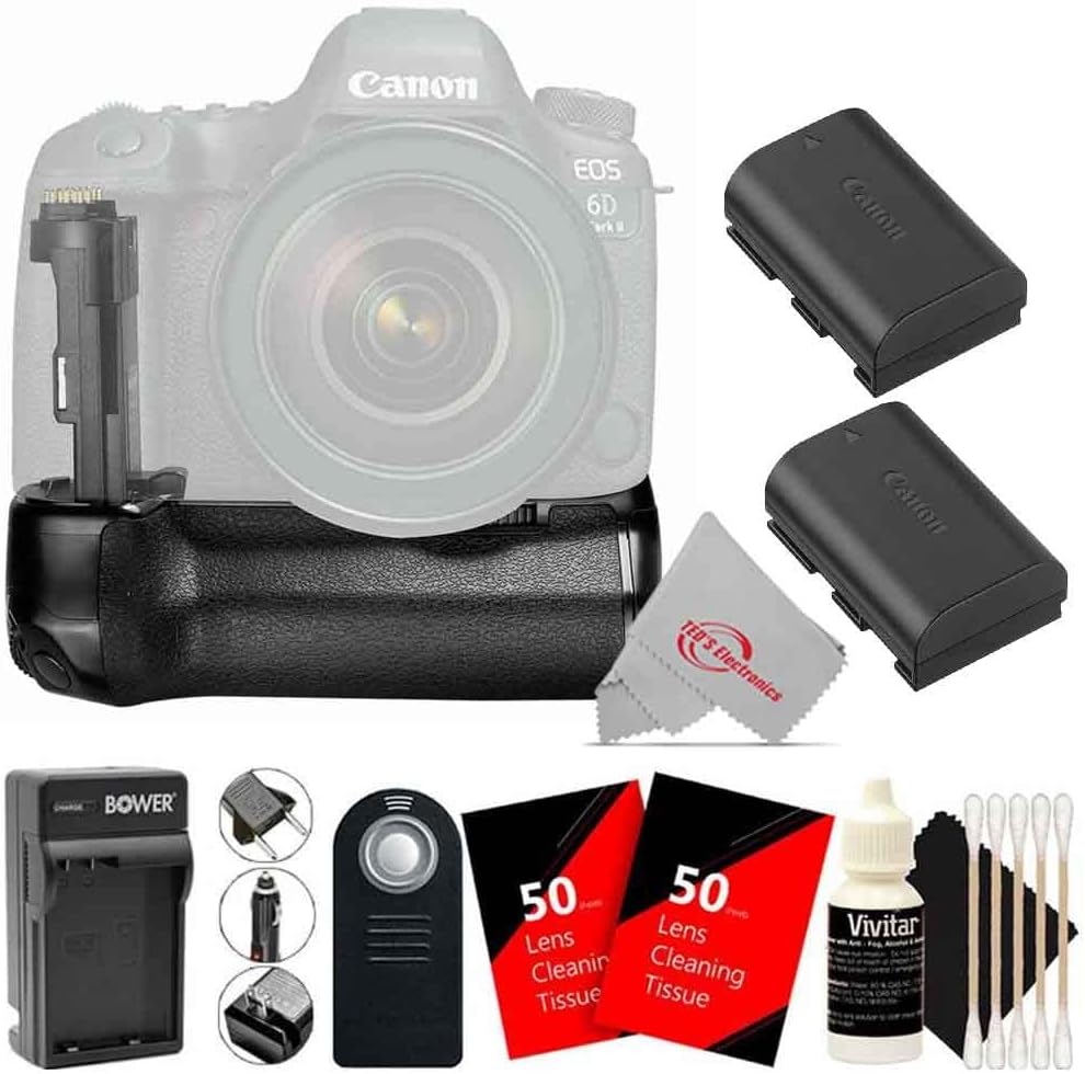 BG-E21 Deluxe Battery Power Grip Compatible with Canon 6D Mark II Digital SLR + Two Replacement LP-E6 Battery Pack + Battery Charger + Remote + 100 Lens Tissue + 3pc Cleaning Kit
